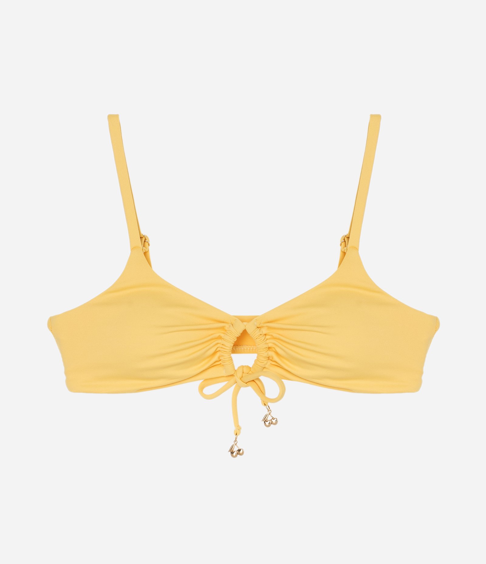 Biquíni Top Camisetinha em Microfibra com Amarração Frontal e Ponteira de Cereja Amarelo 4