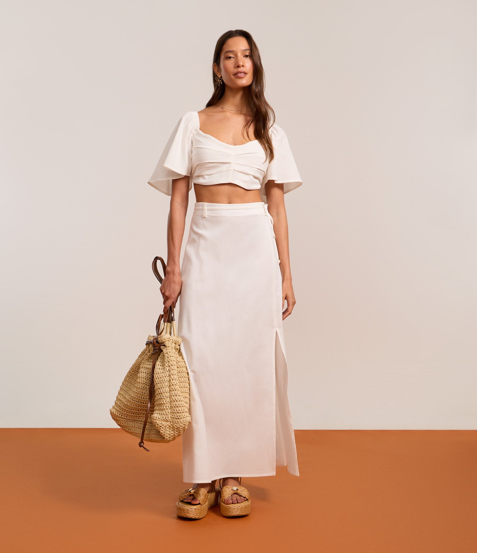 Saia Long Midi em Viscolinho com Cintinho e Fenda Branco 5