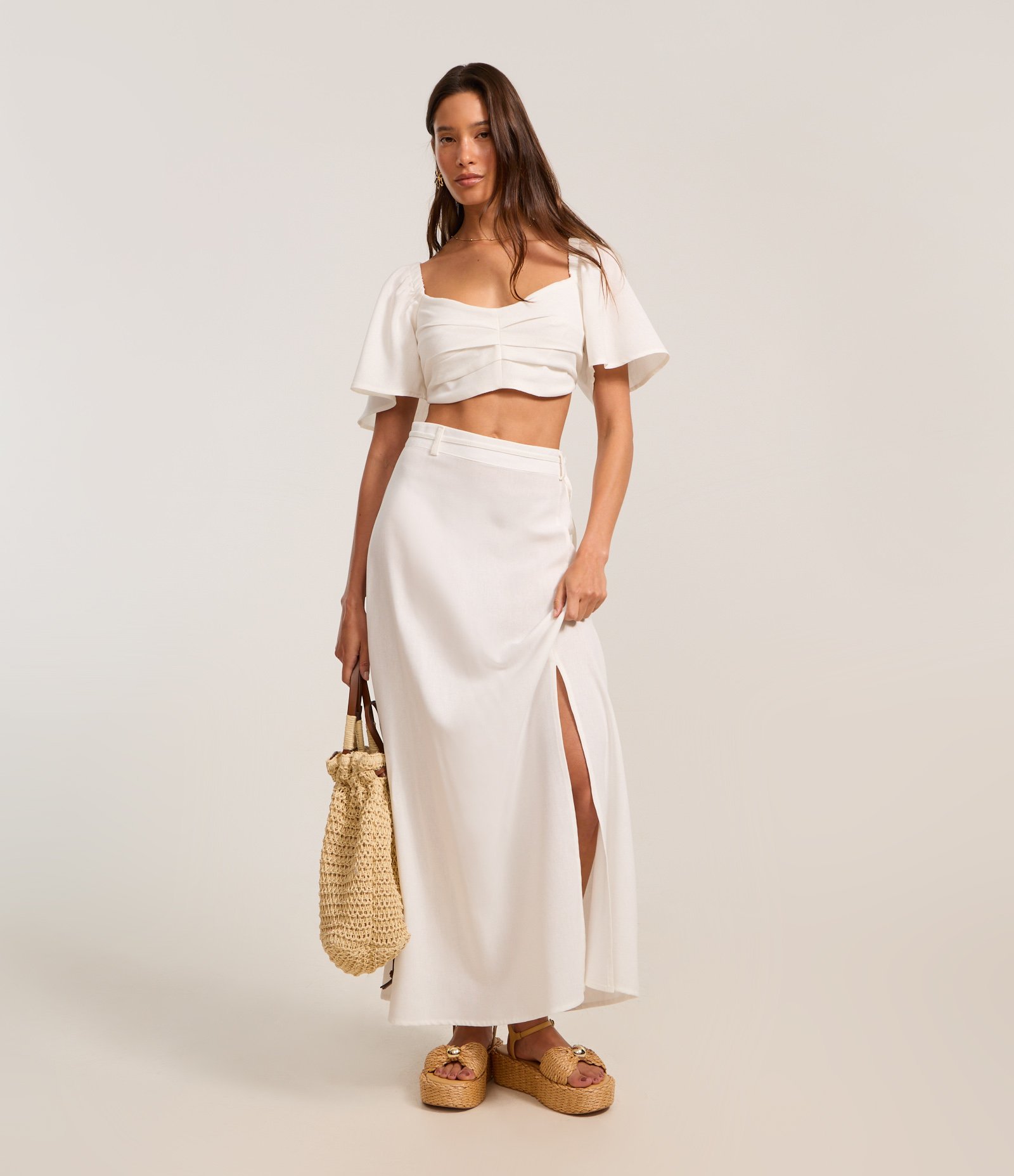 Saia Long Midi em Viscolinho com Cintinho e Fenda Branco 1