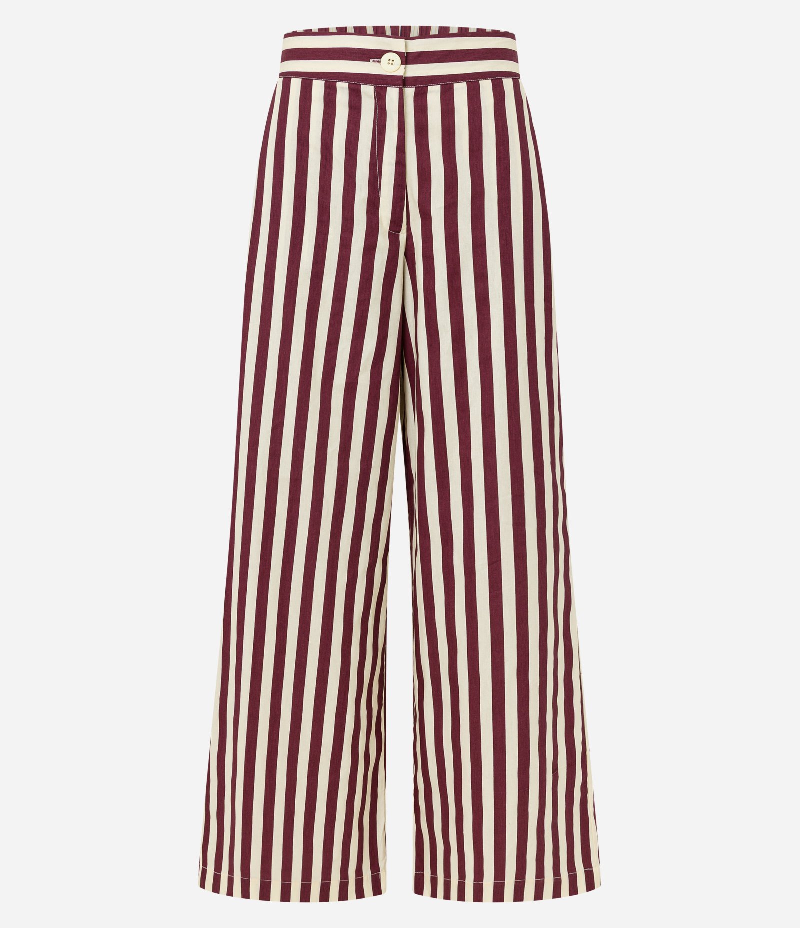Calça Pantalona Cintura Alta em Tricoline com Listras Verticais Bordô/Off White 1