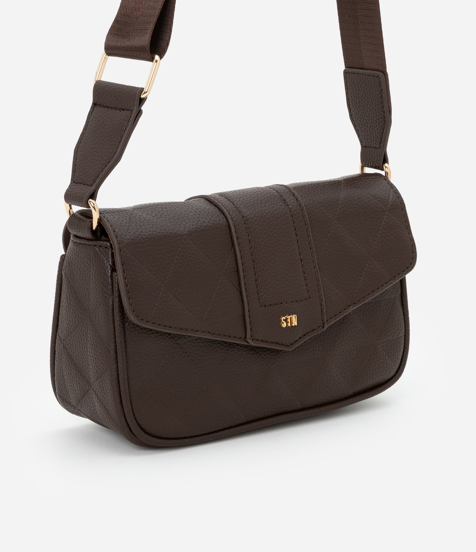 Bolsa Transversal Média com Tampa e Textura Embossed Marrom 1