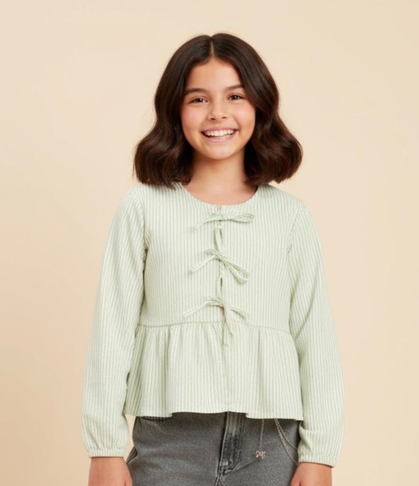 Blusa Infantil com Lacinhos e Listras - Tam 5 a 14 Anos Verde 1