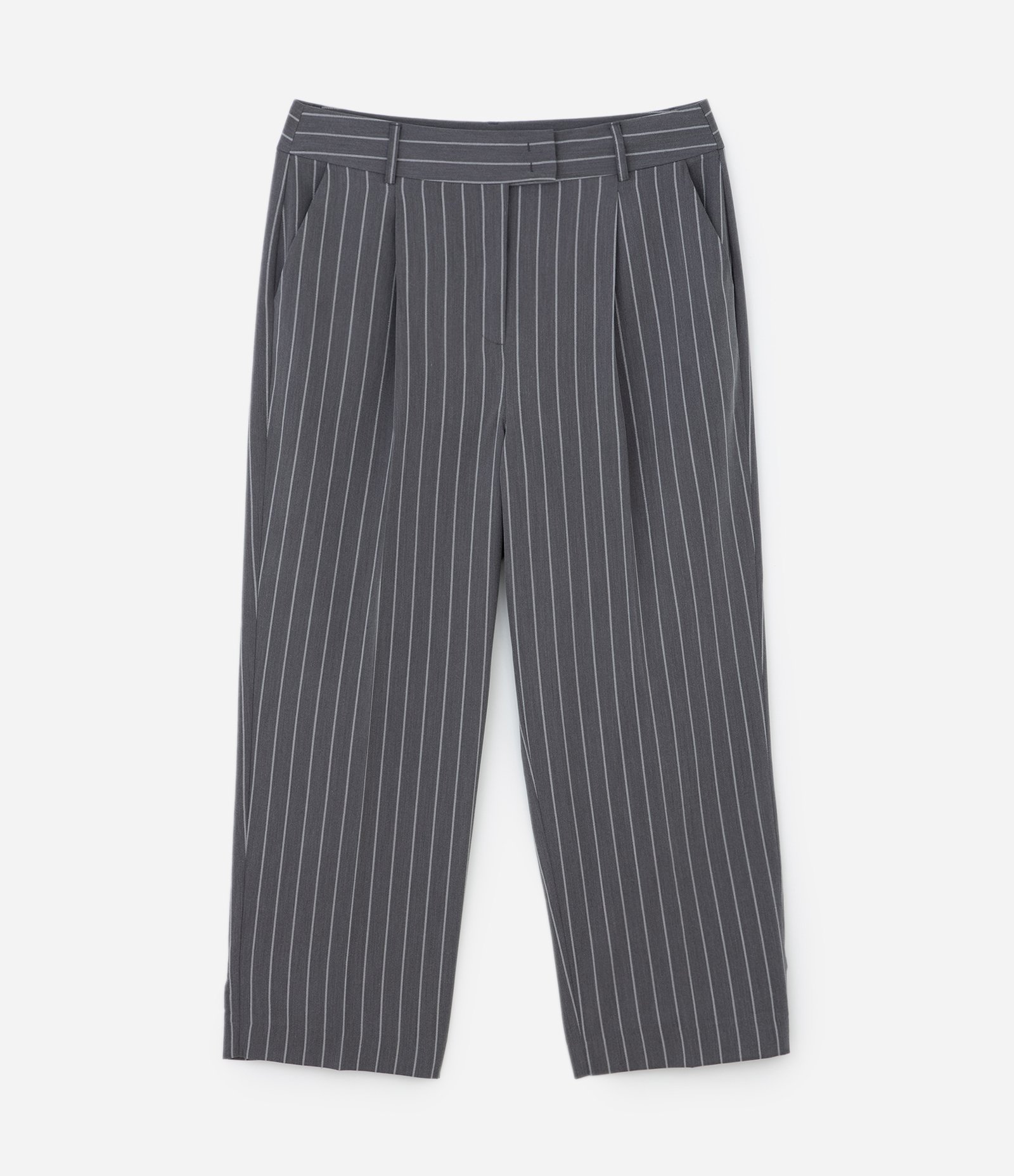 Calça Reta em Alfaiataria com Risca de Giz e Prega Curve & Plus Size Cinza 5