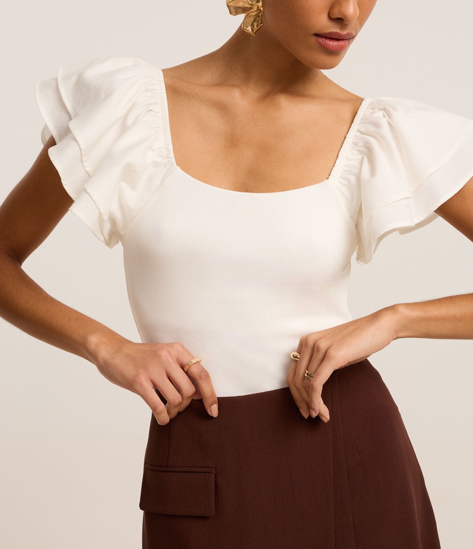 Body Canelado em Ribana com Babado na Manga Branco 5