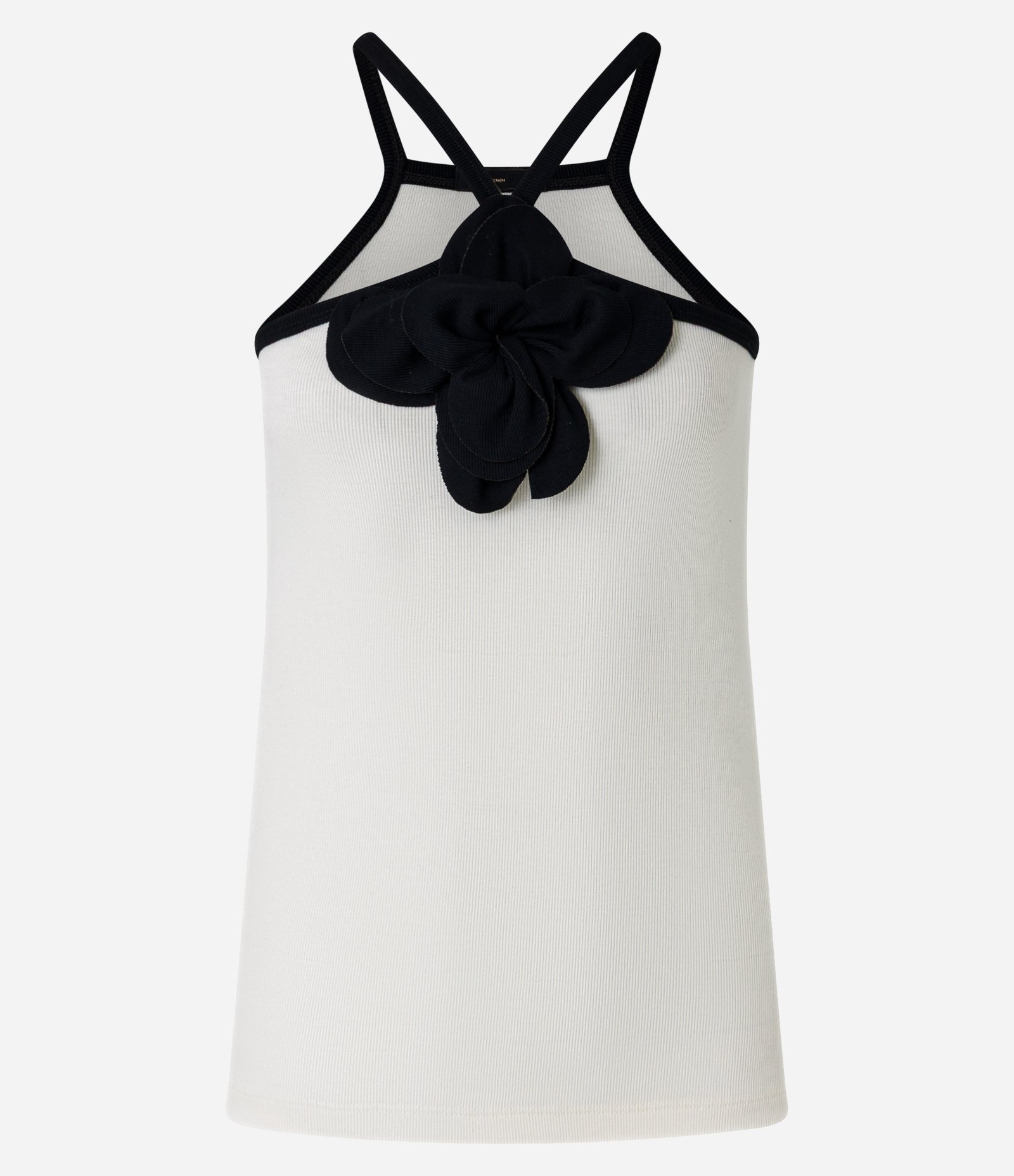 Blusa em Ribana com Flor de Tecido na Gola Halter Off White 5