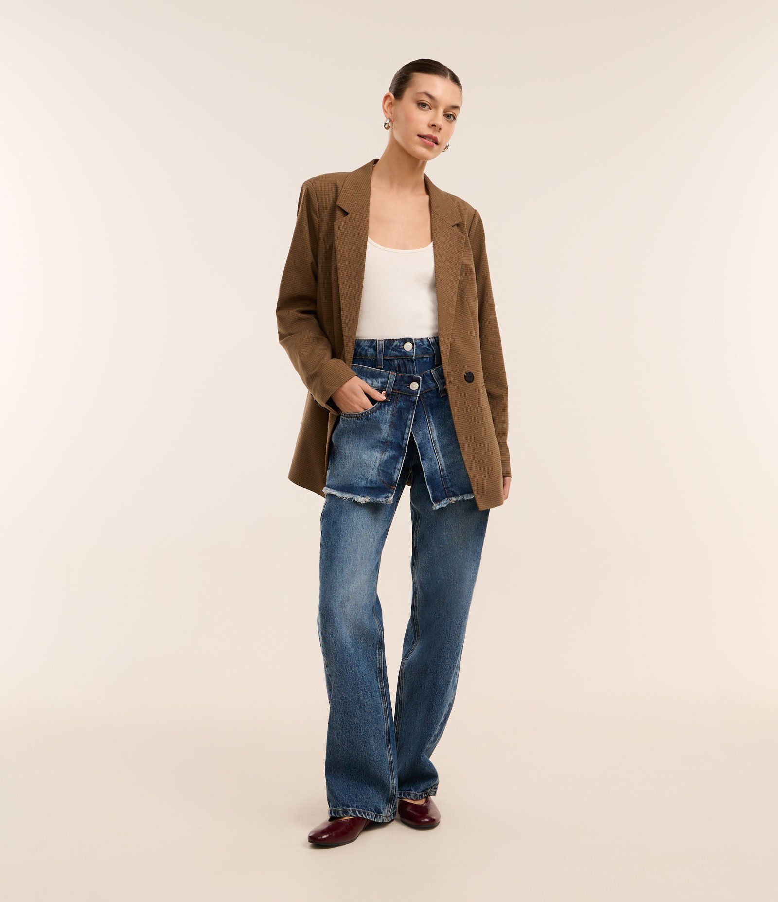 Calça Reta em Jeans com Saia Sobreposta e Cós Duplo Azul 1