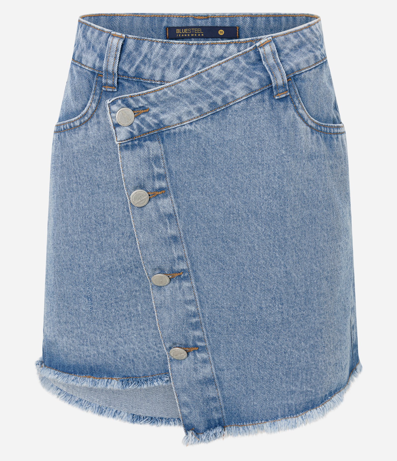 Mini Saia em Jeans com Abotoamento Deslocado e Barra Desfiada Azul 5