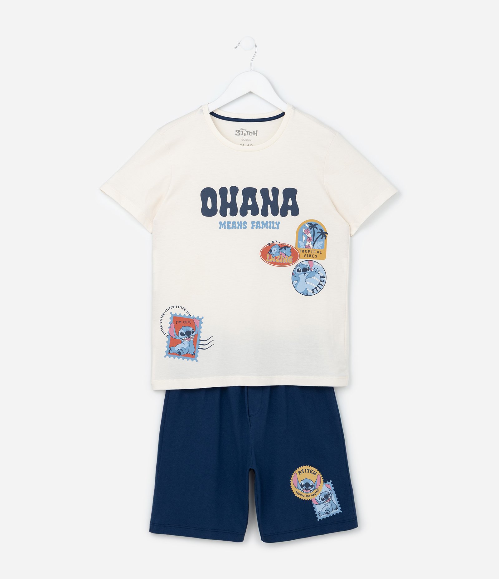 Pijama Infantil com Estampa do Stitch Ohana - Tam 2 a 14 Anos Bege/Azul 1