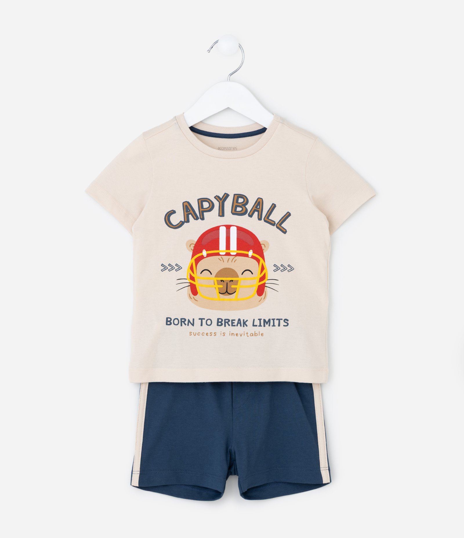 Pijama Curto Infantil com Estampa de Capivara e Futebol Americano - Tam 2 a 6 Anos Bege/Azul 1