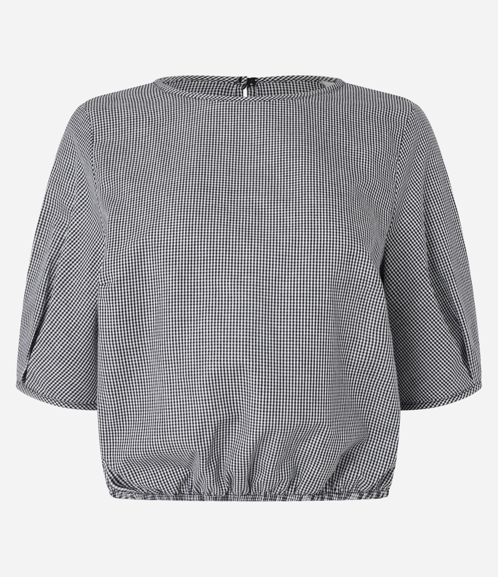 Blusa em Tricoline Xadrez Vichy com Manga Bufante Preto 4
