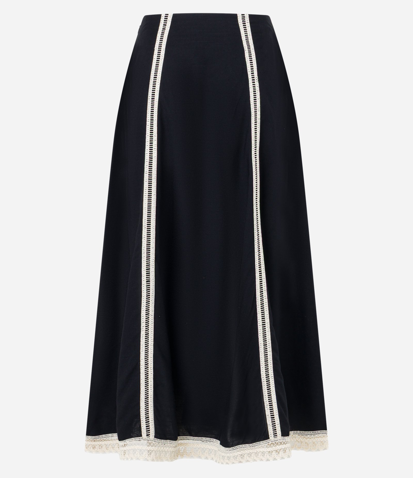 Saia Evasê Midi em Tricoline Texturizada com Entremeios Preto 8