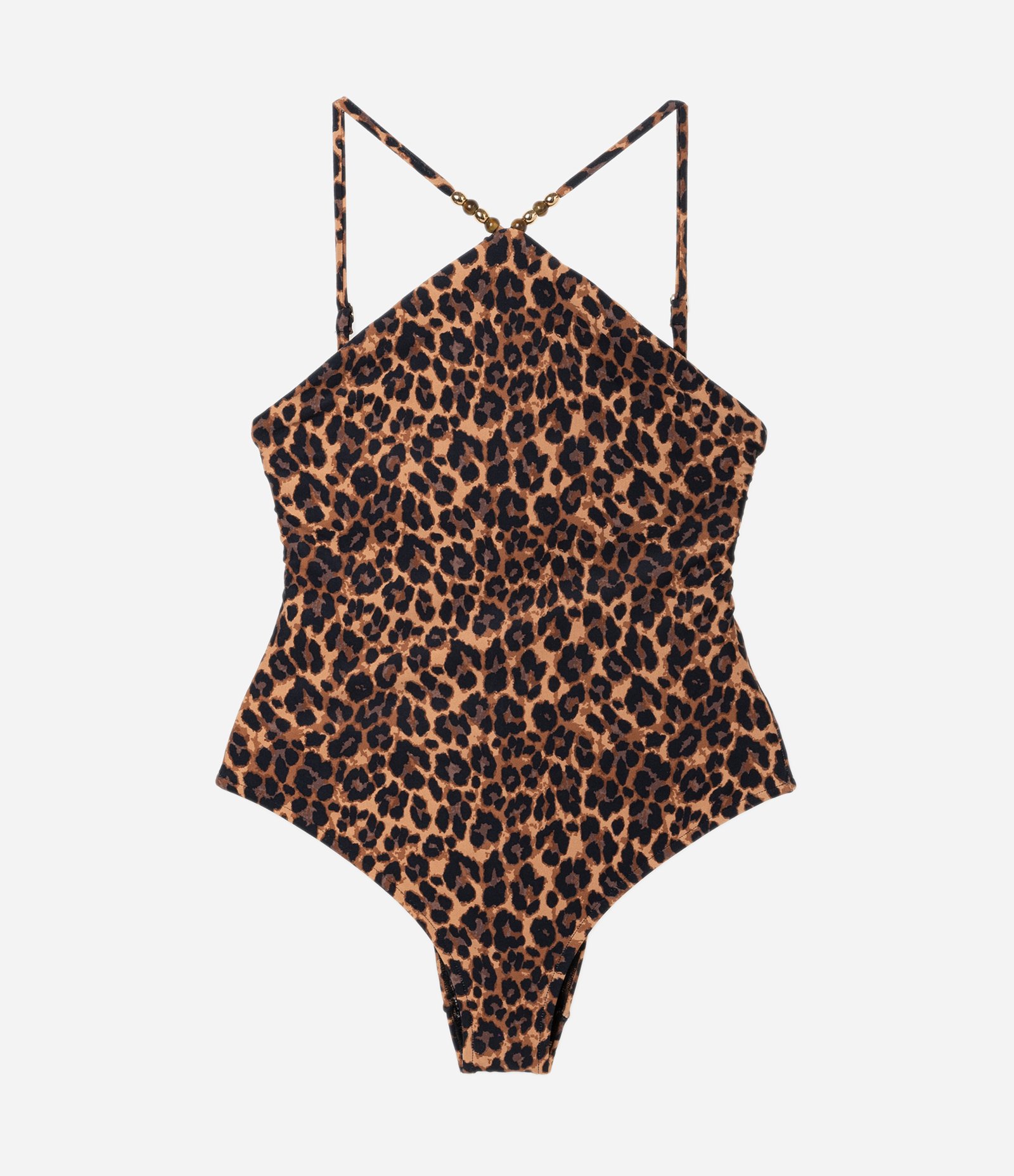 Maiô Halter em Microfibra com Estampa Animal Print Onça e Aviamento de Madeira Marrom 5