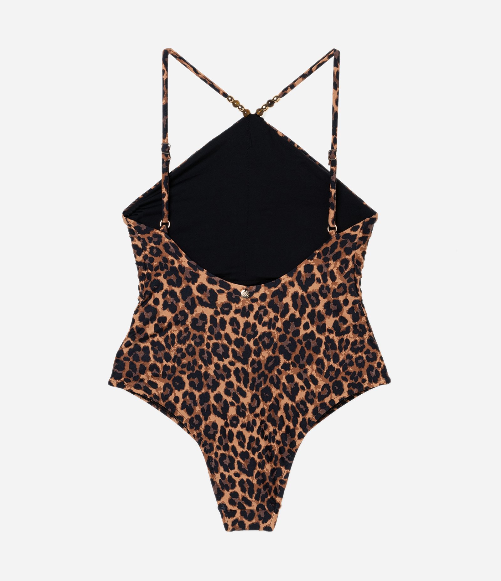 Maiô Halter em Microfibra com Estampa Animal Print Onça e Aviamento de Madeira Marrom 6