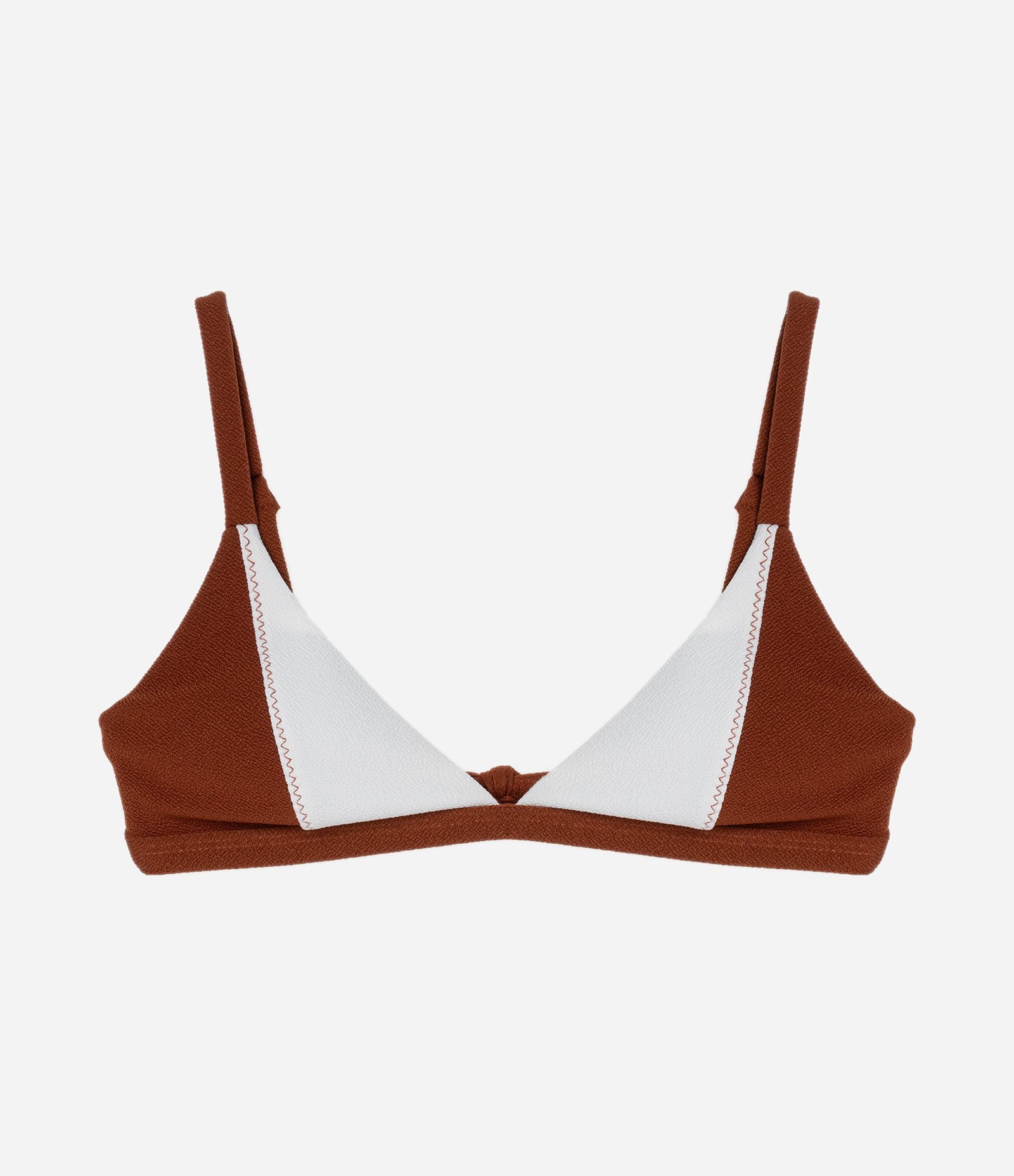 Biquíni Top Triangulo Fixo em Microfibra Texturizada com Bloco de Cor Caramelo/Off White 5