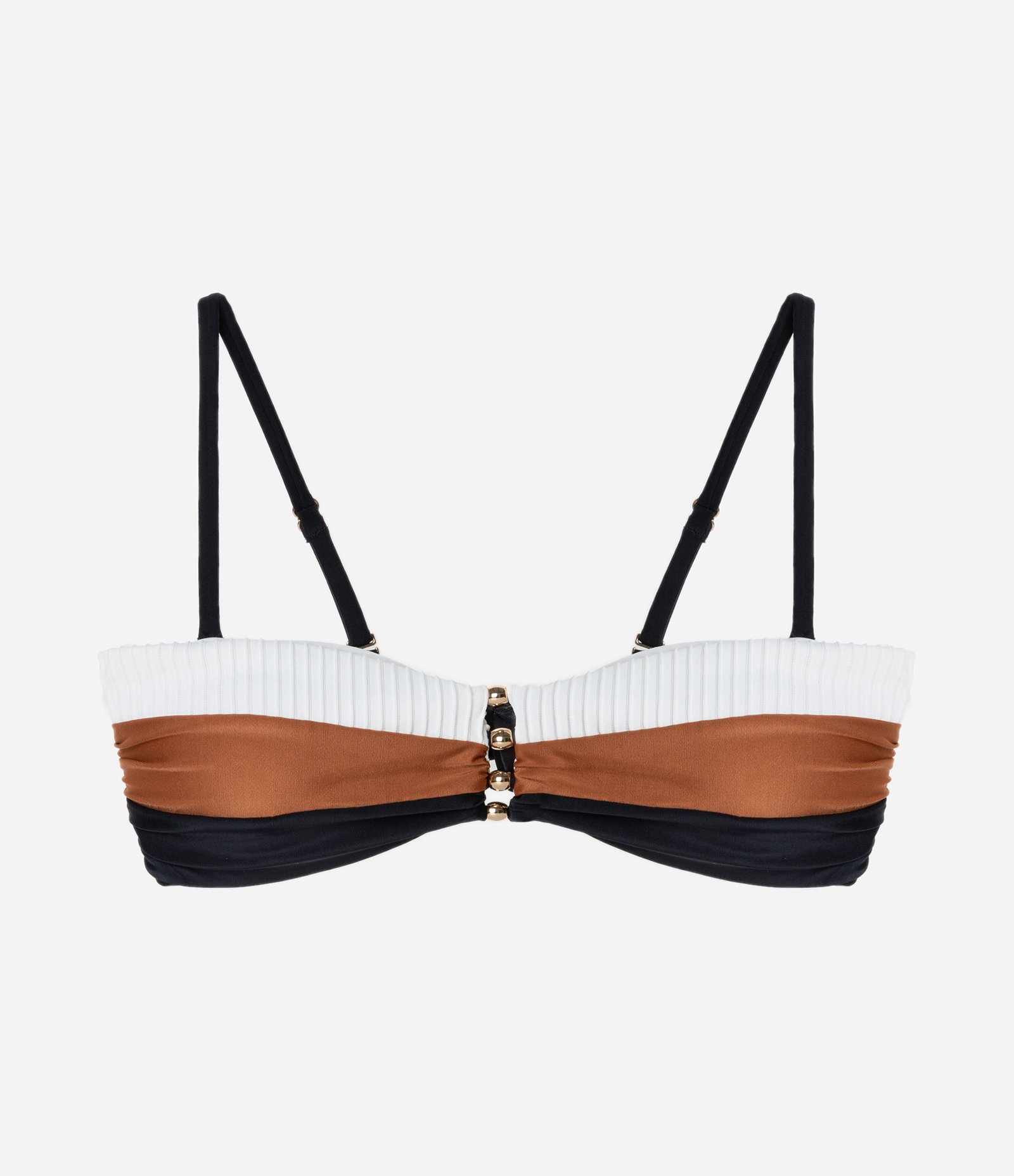 Biquini Top Bandeau em Microfibra com Bloco de Cor e Aviamento no Busto Off White/Caramelo/Preto 5