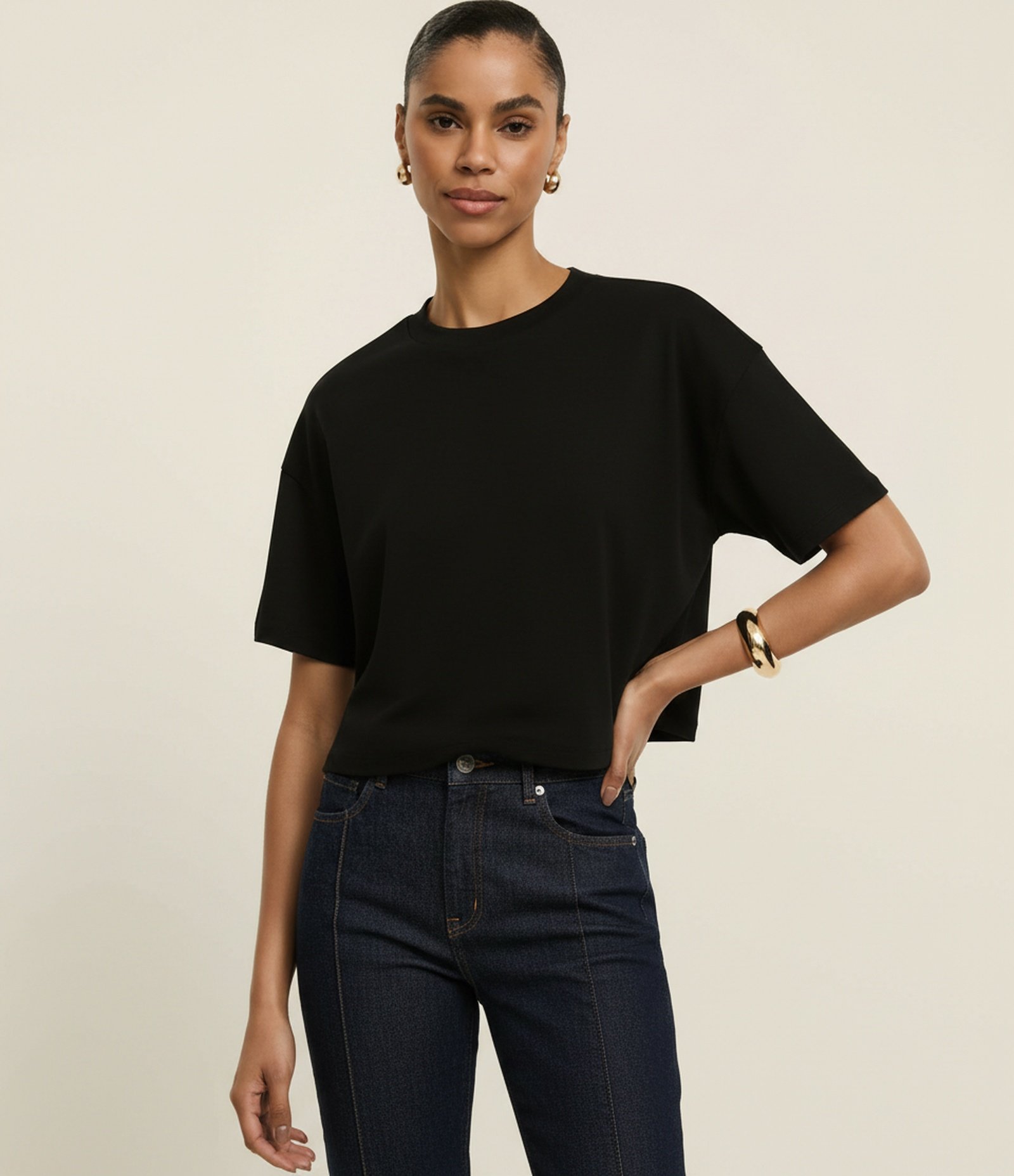 Camiseta Boxy em Algodão Peruano com Manga Ampla Preto 5