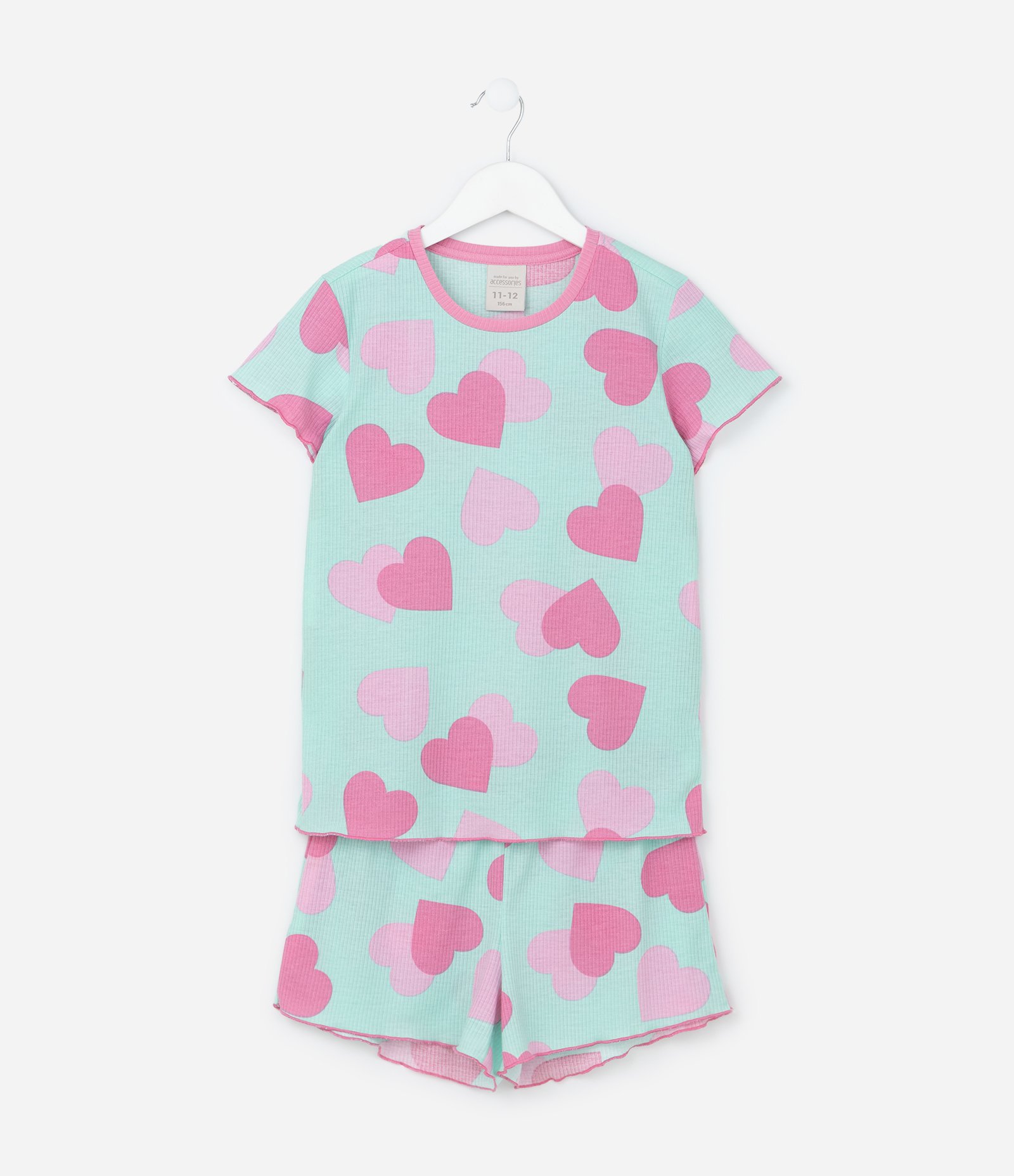 Pijama Infantil em Ribana com Estampa Corações - Tam 5 a 16 Anos Azul/Rosa 1