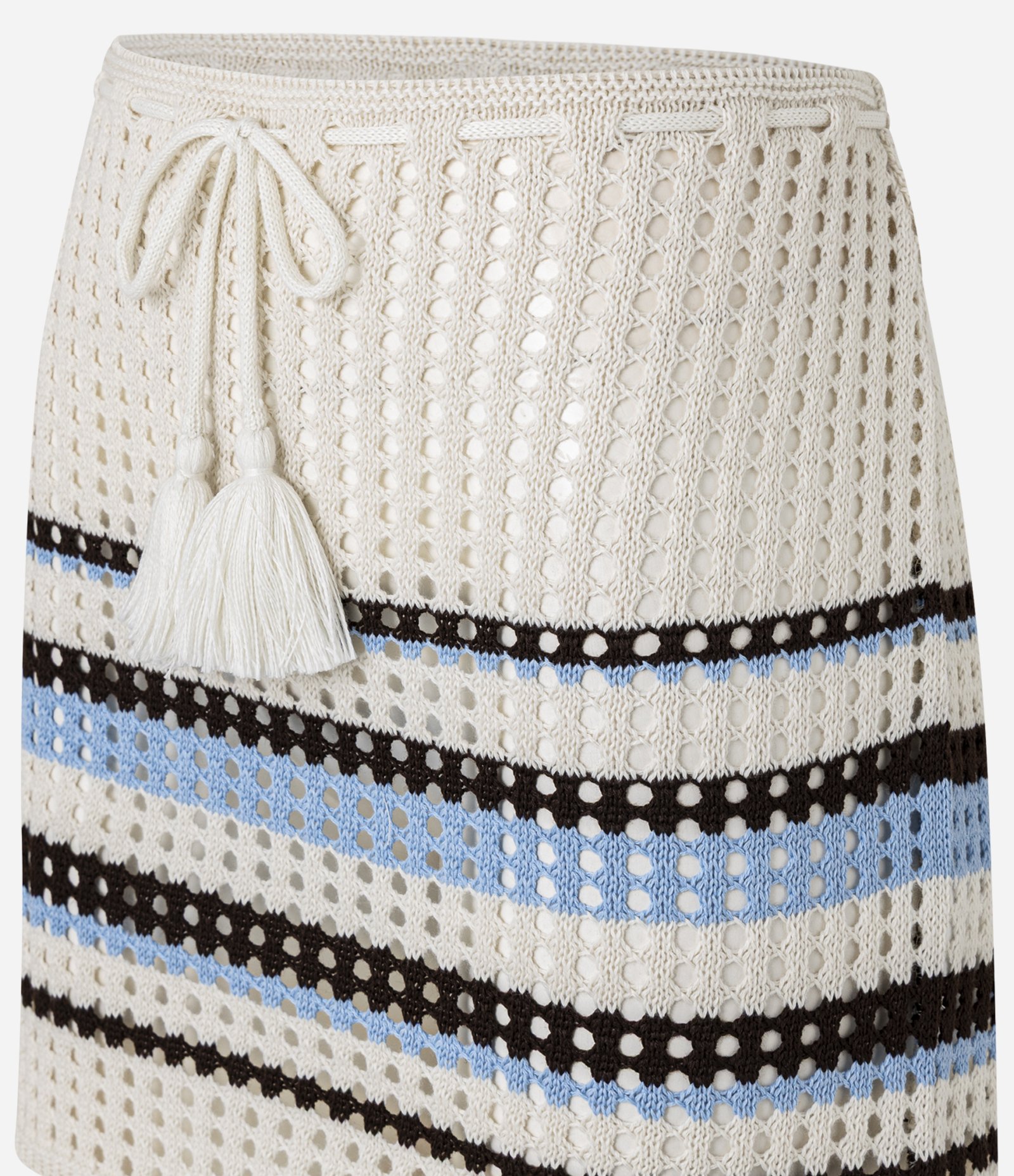 Saída de Praia Saia Efeito Crochê com Listras e Tassel Off White 7