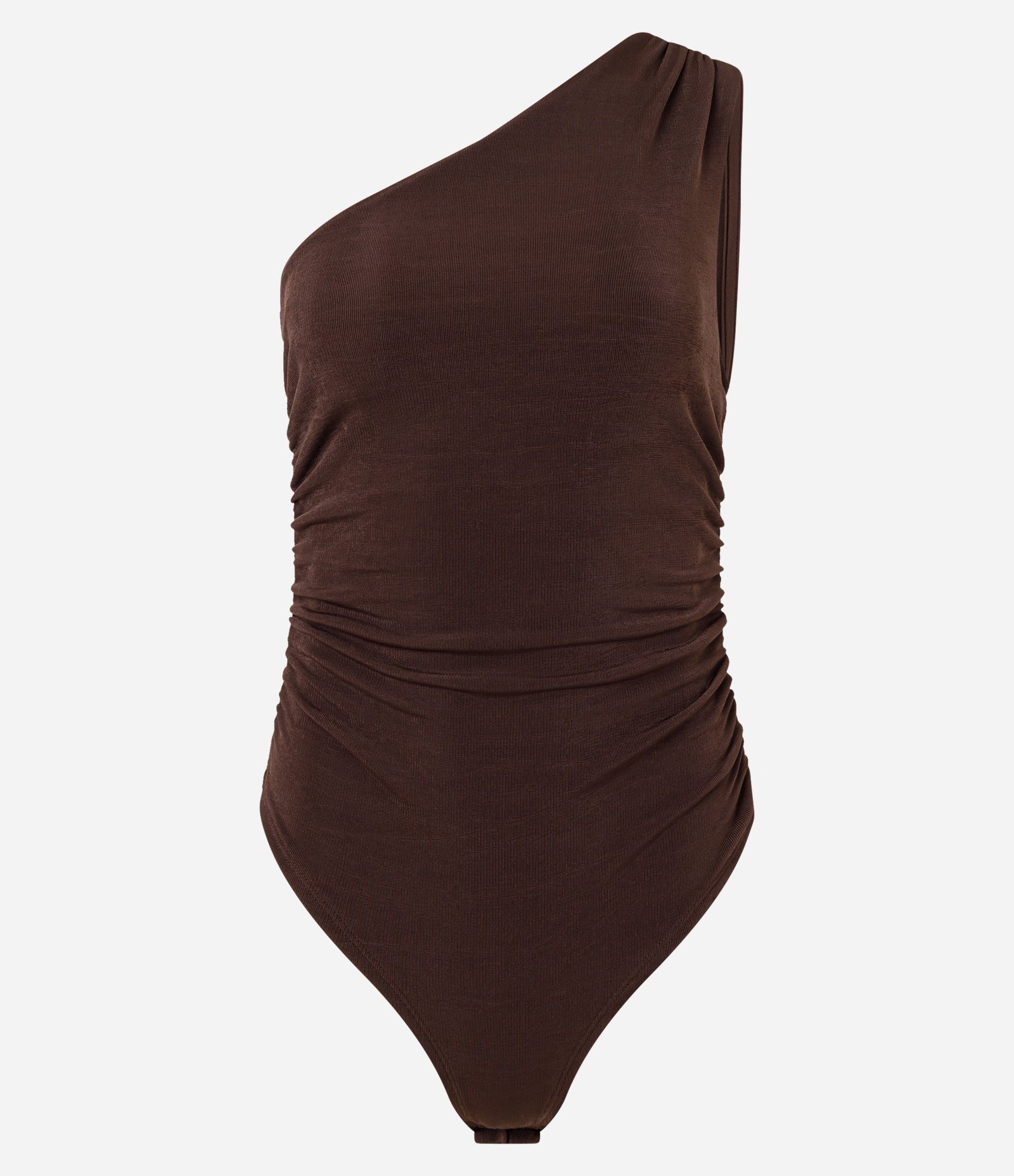 Body com Um Ombro Só e Franzidos Laterais Marrom 4