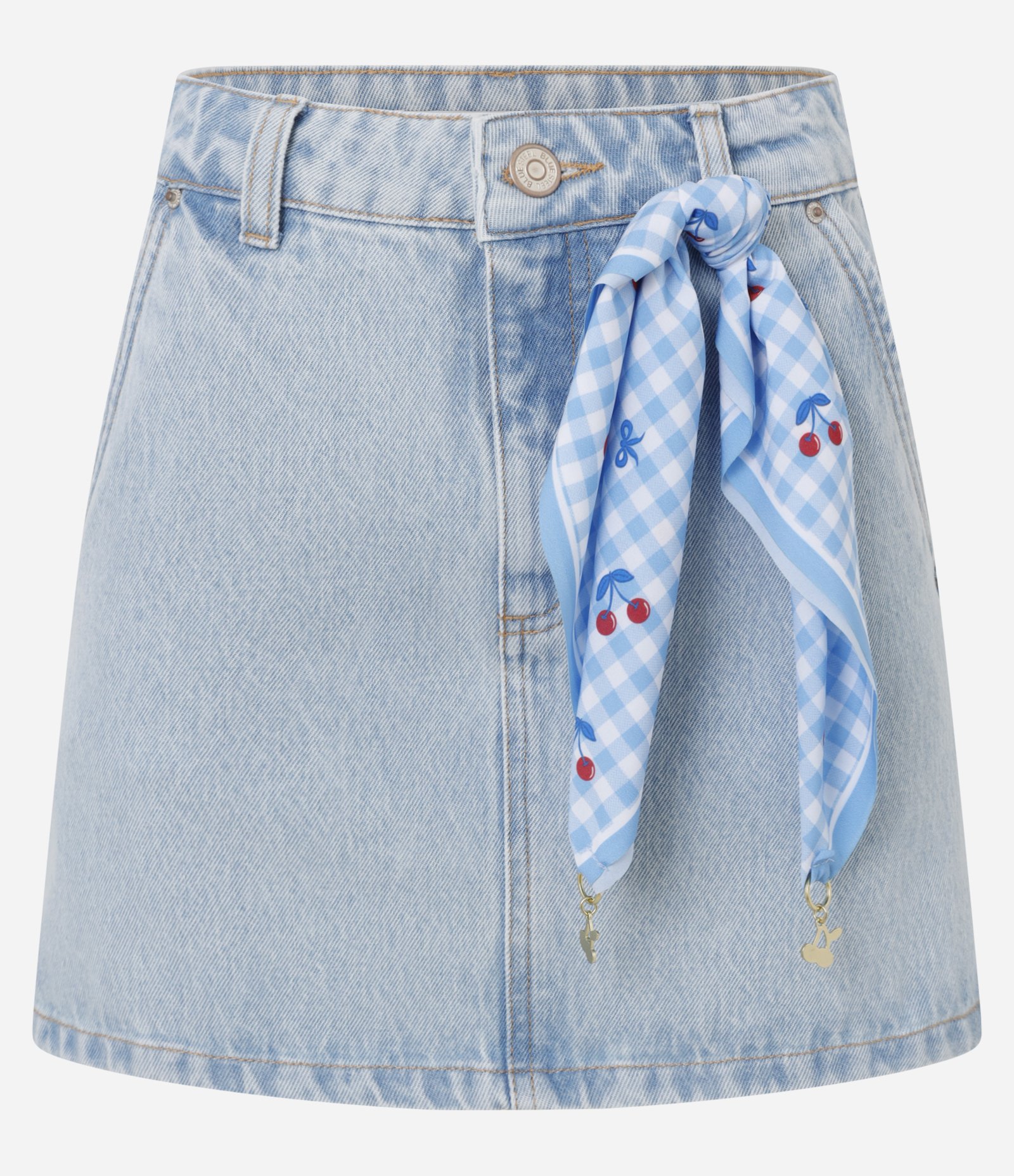 Saia Curta em Jeans com Lenço de Frutinhas e Cintura Alta Azul 5