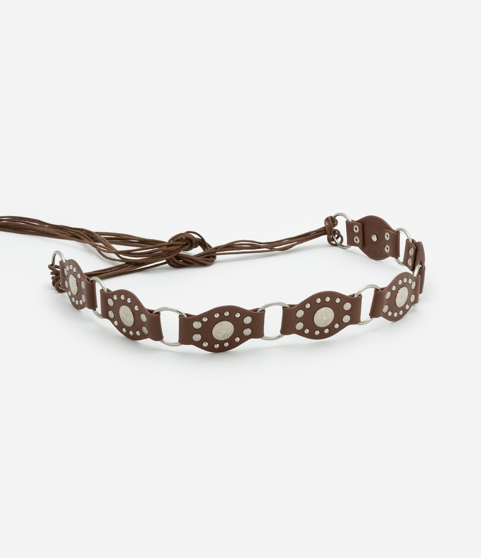 Cinto Médio com Elos Detalhados e Fechamento de Cordas Boho Romântico Marrom 2