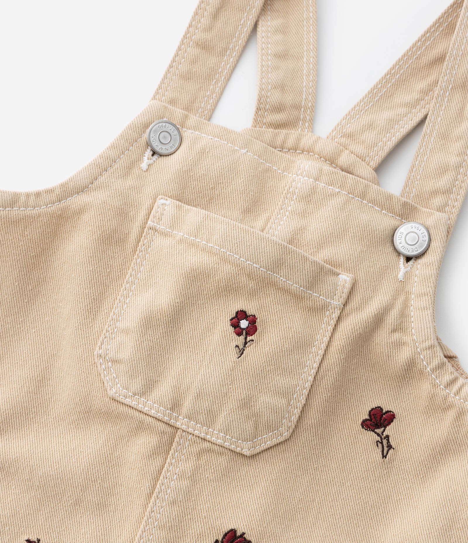 Salopete Infantil Jeans com Bordado Floral - Tam 1 a 6 Anos Bege 7