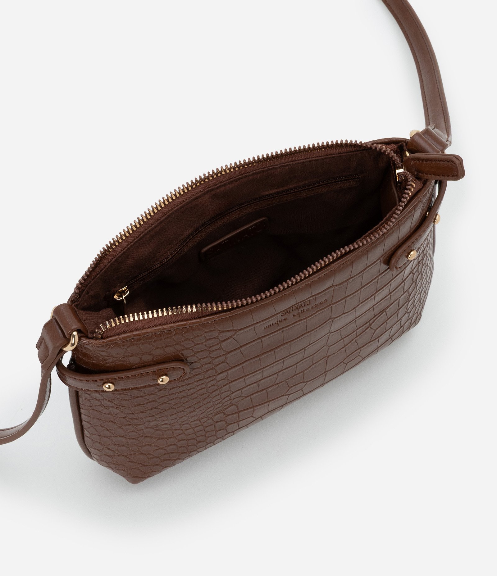 Bolsa Transversal em Pu com Textura Croco Marrom 4