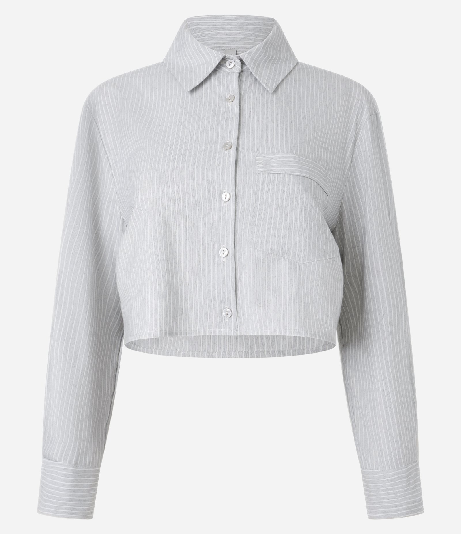 Camisa Cropped em Tricoline com Listras com Bolso Frontal Cinza 4