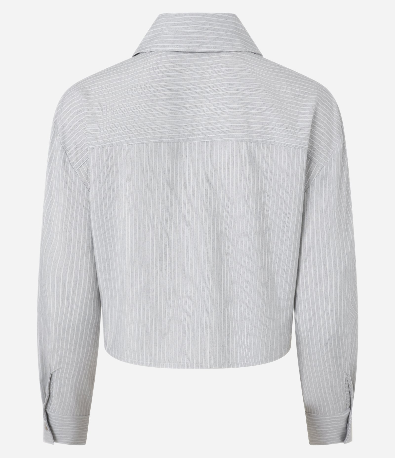 Camisa Cropped em Tricoline com Listras com Bolso Frontal Cinza 5
