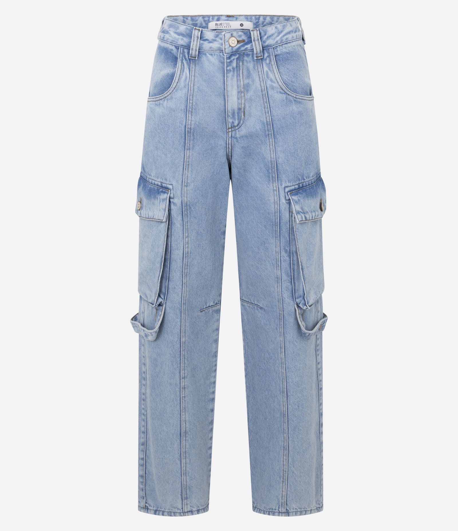 Calça Reta em Jeans com Recorte e Bolso Cargo na Lateral Claro 1