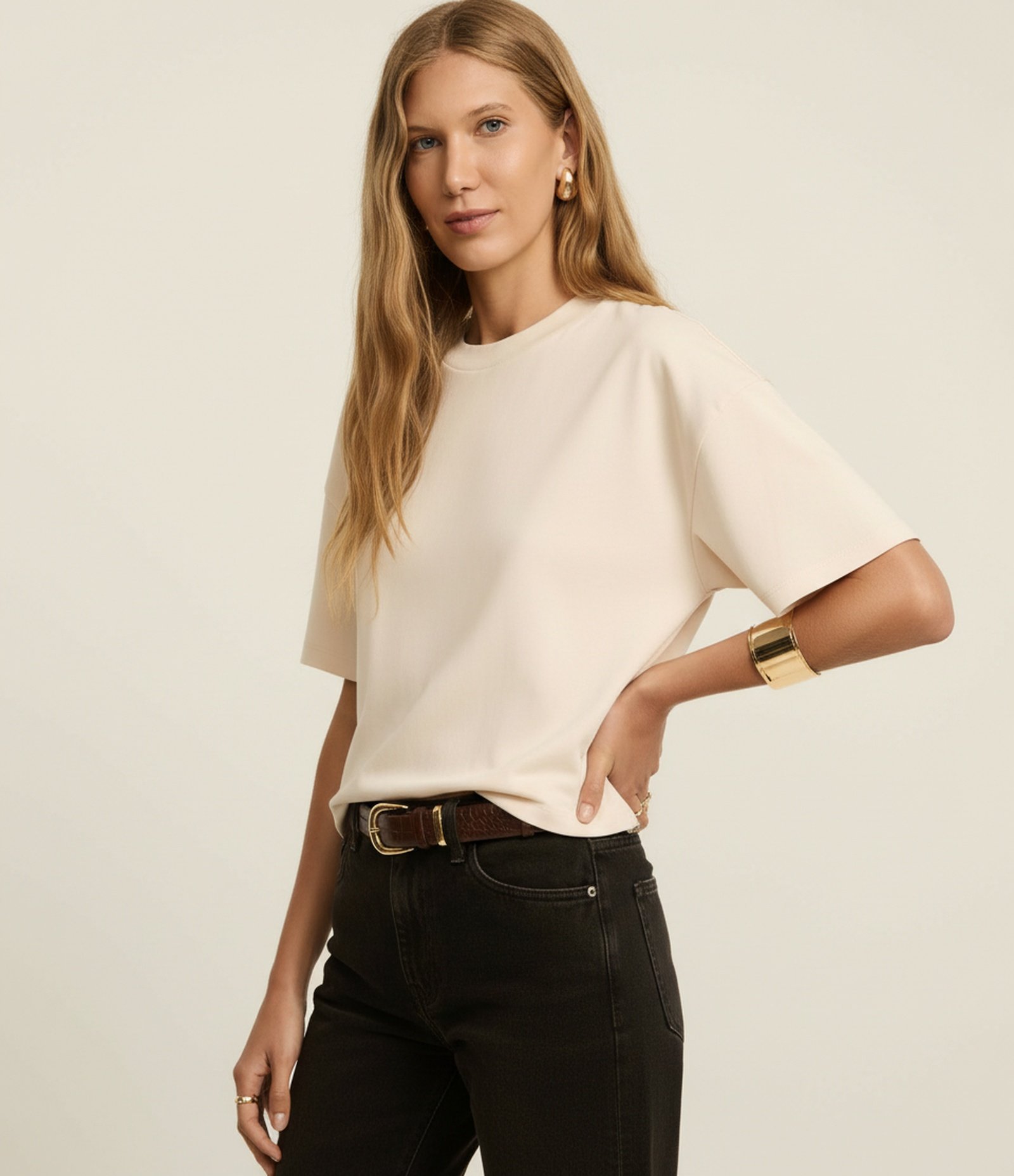 Camiseta Boxy em Algodão Peruano com Manga Ampla Bege 5