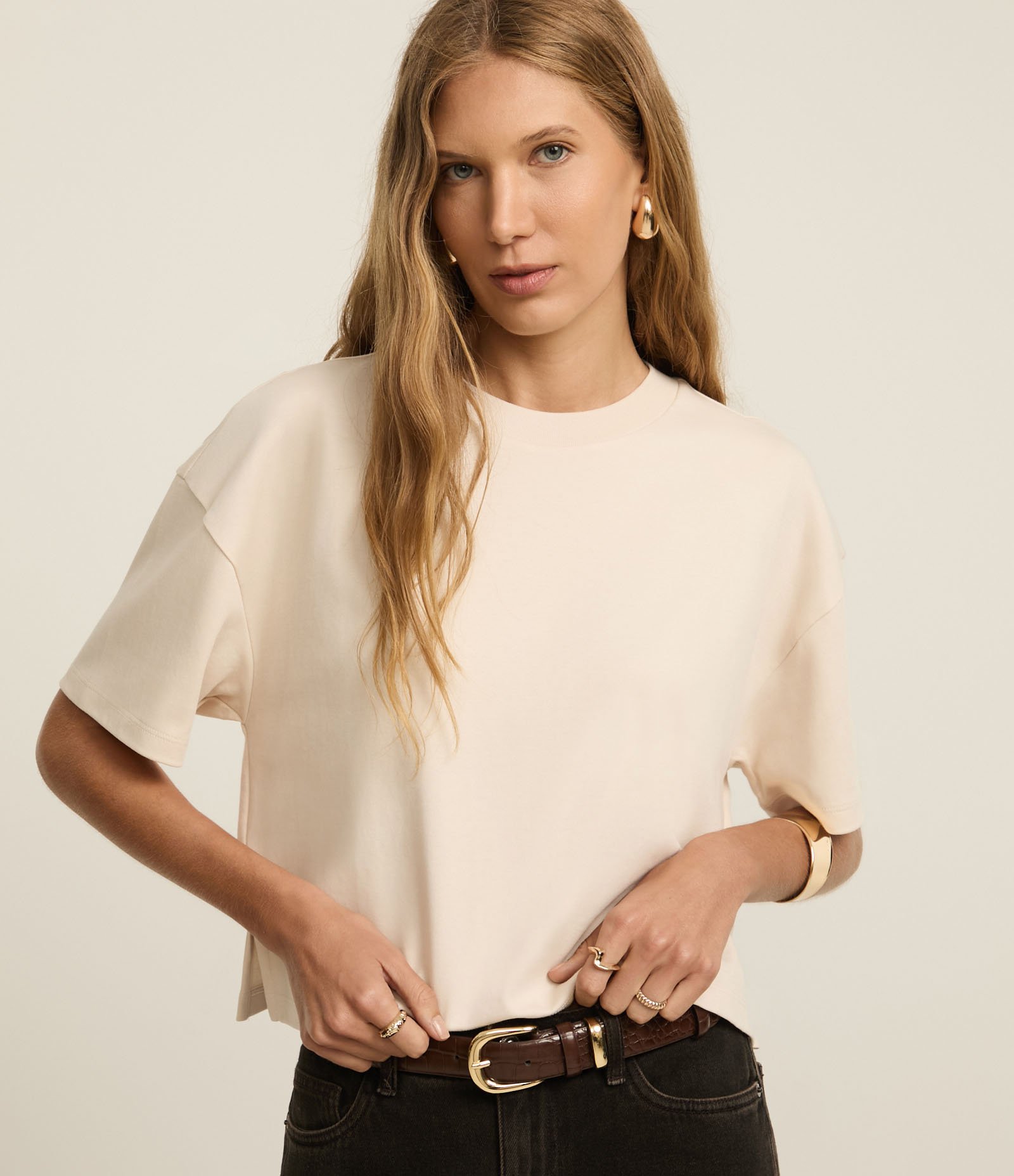 Camiseta Boxy em Algodão Peruano com Manga Ampla Bege 1