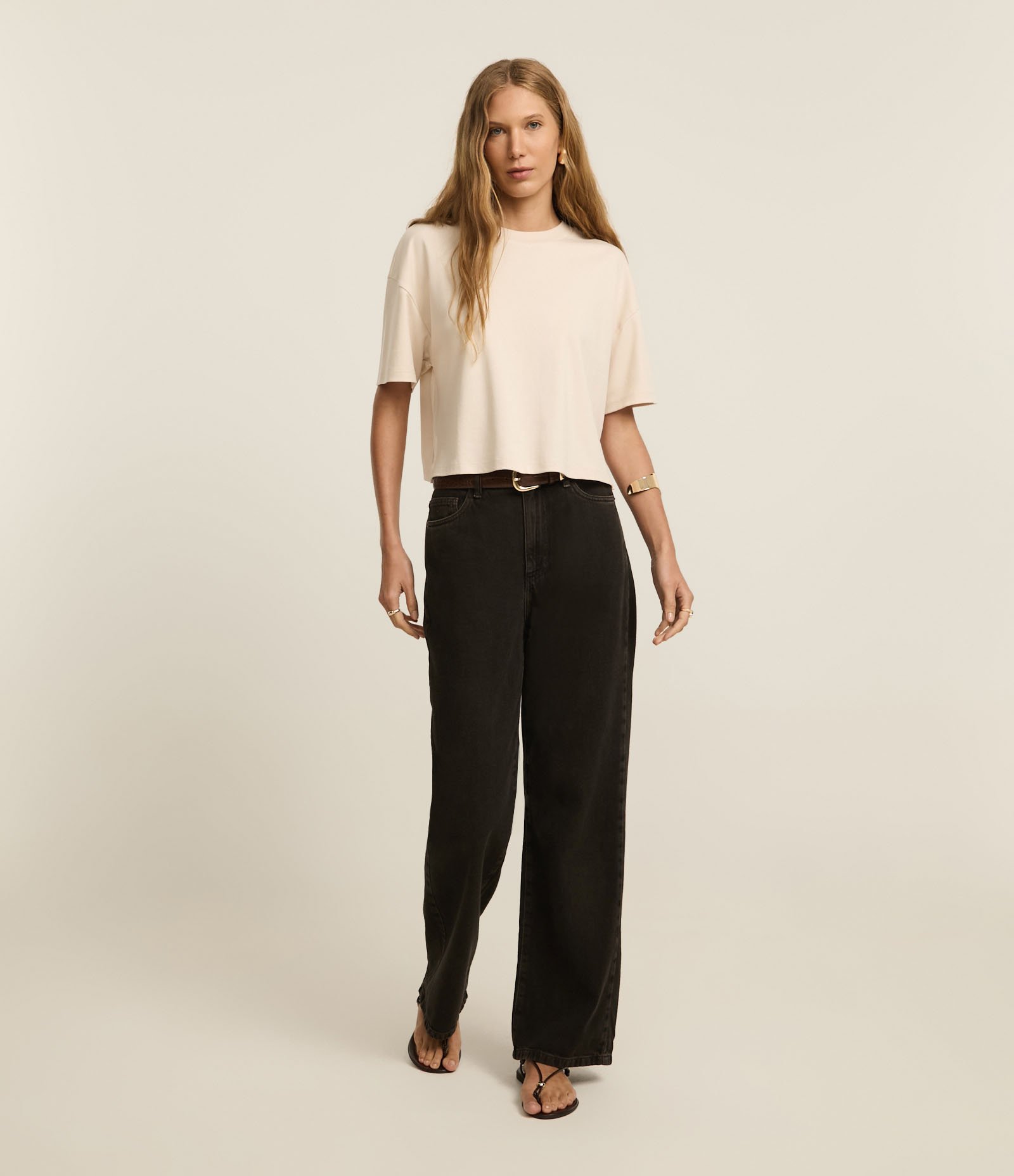 Camiseta Boxy em Algodão Peruano com Manga Ampla Bege 2