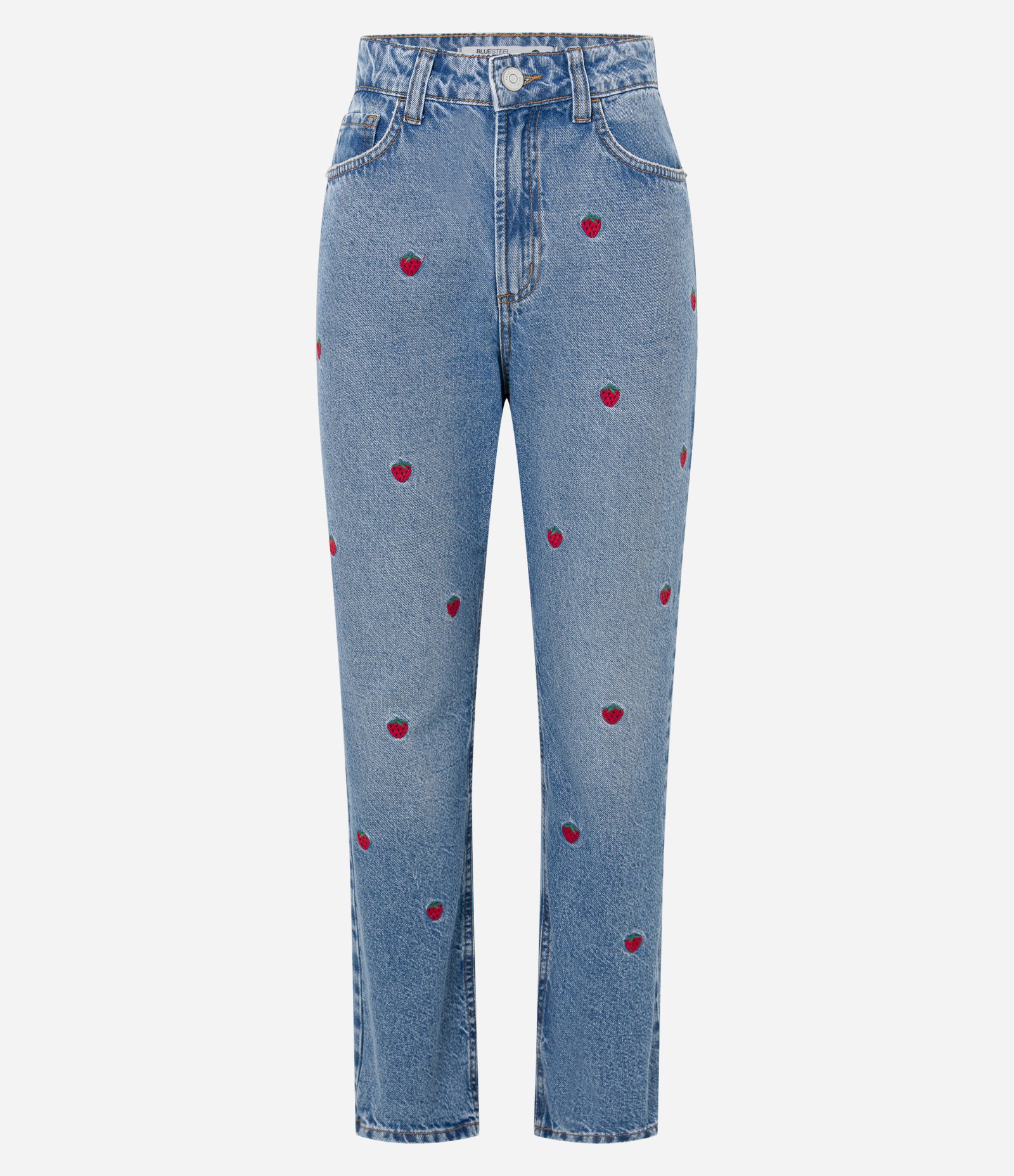 Calça Mom Jeans com Bordados de Moranguinhos Médio 6