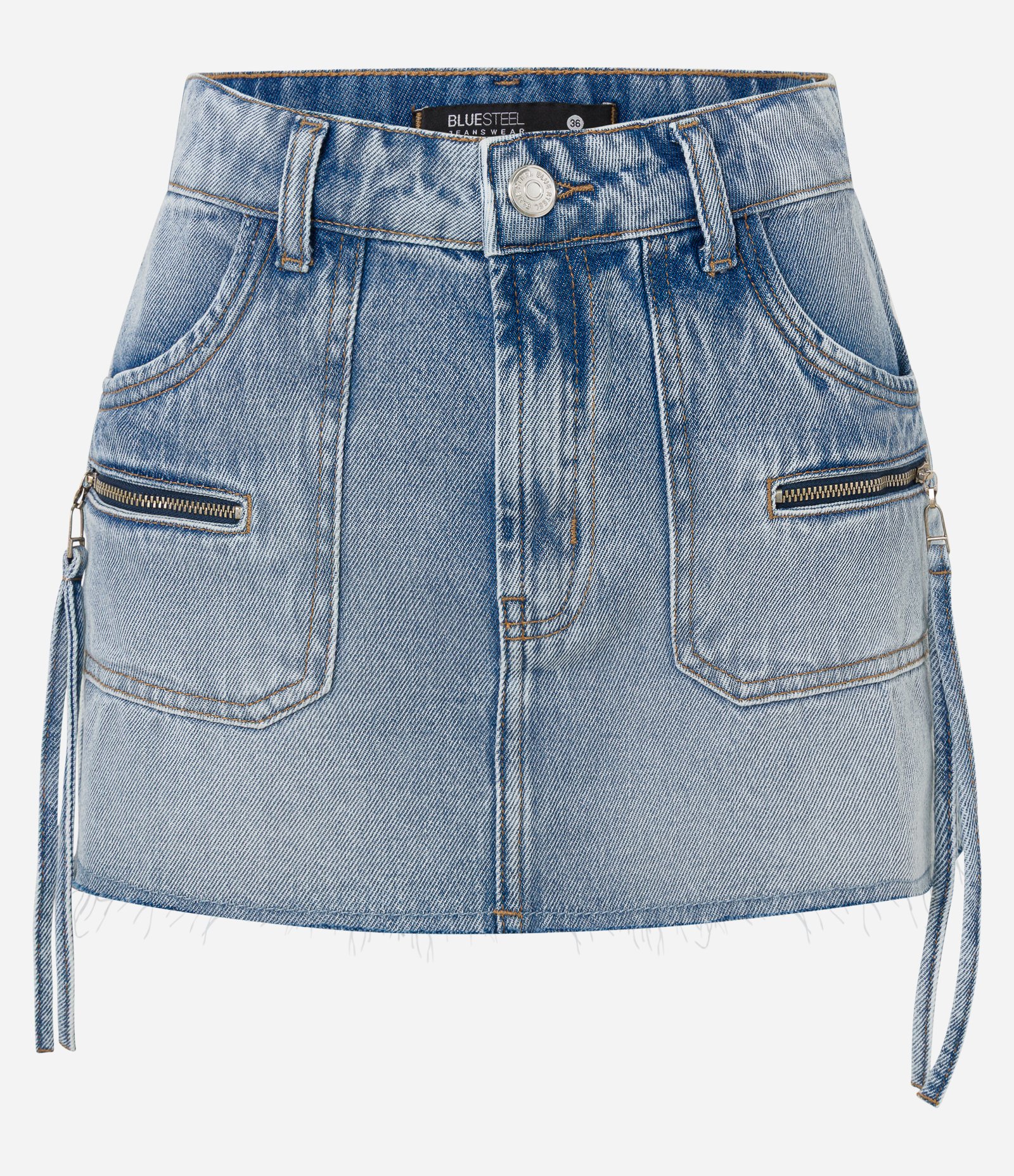 Saia Curta em Jeans com Bolso Carpinteiro Azul 5