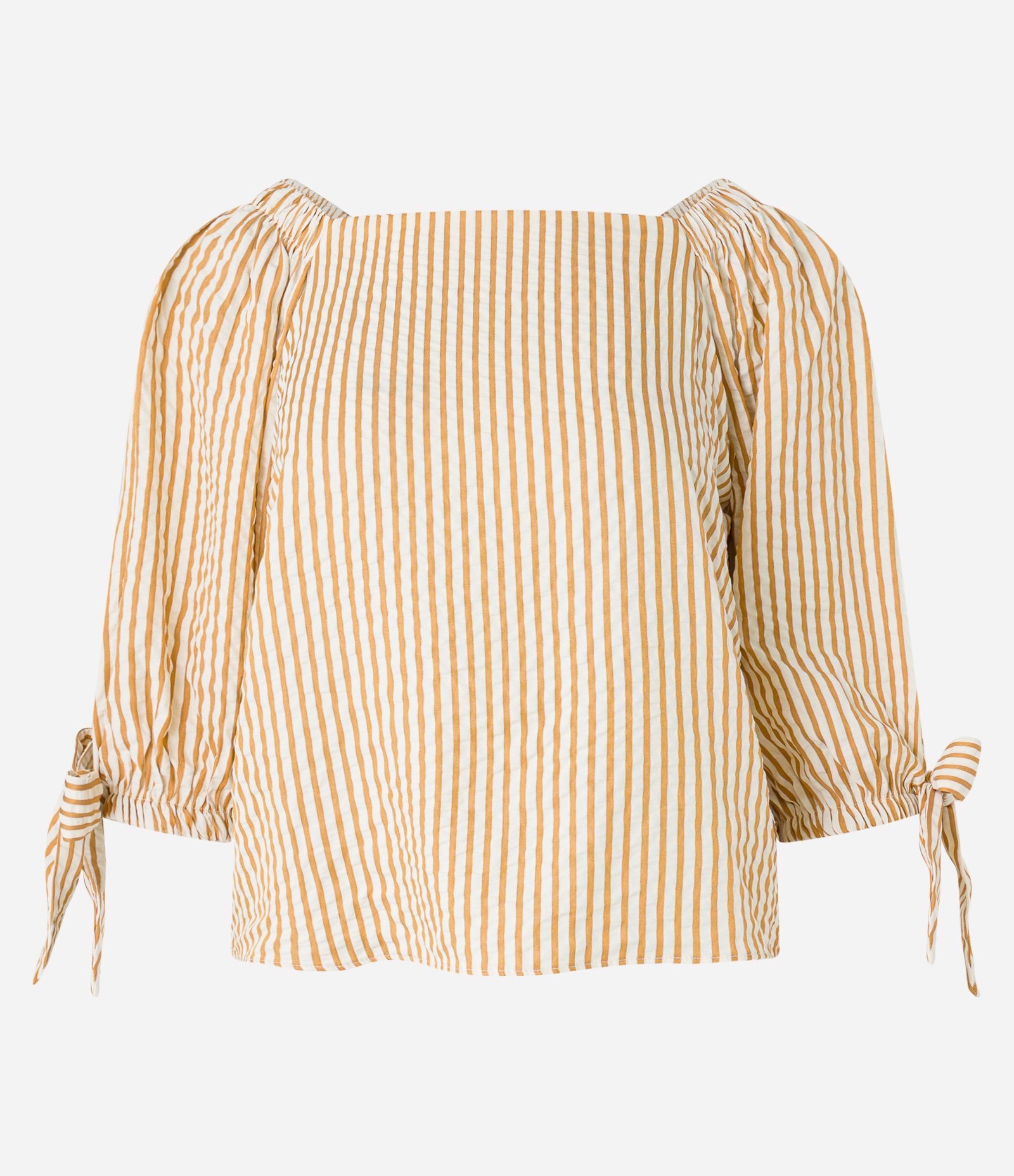 Blusa Listrada em Tricoline com Laço no Punho Laranja 6