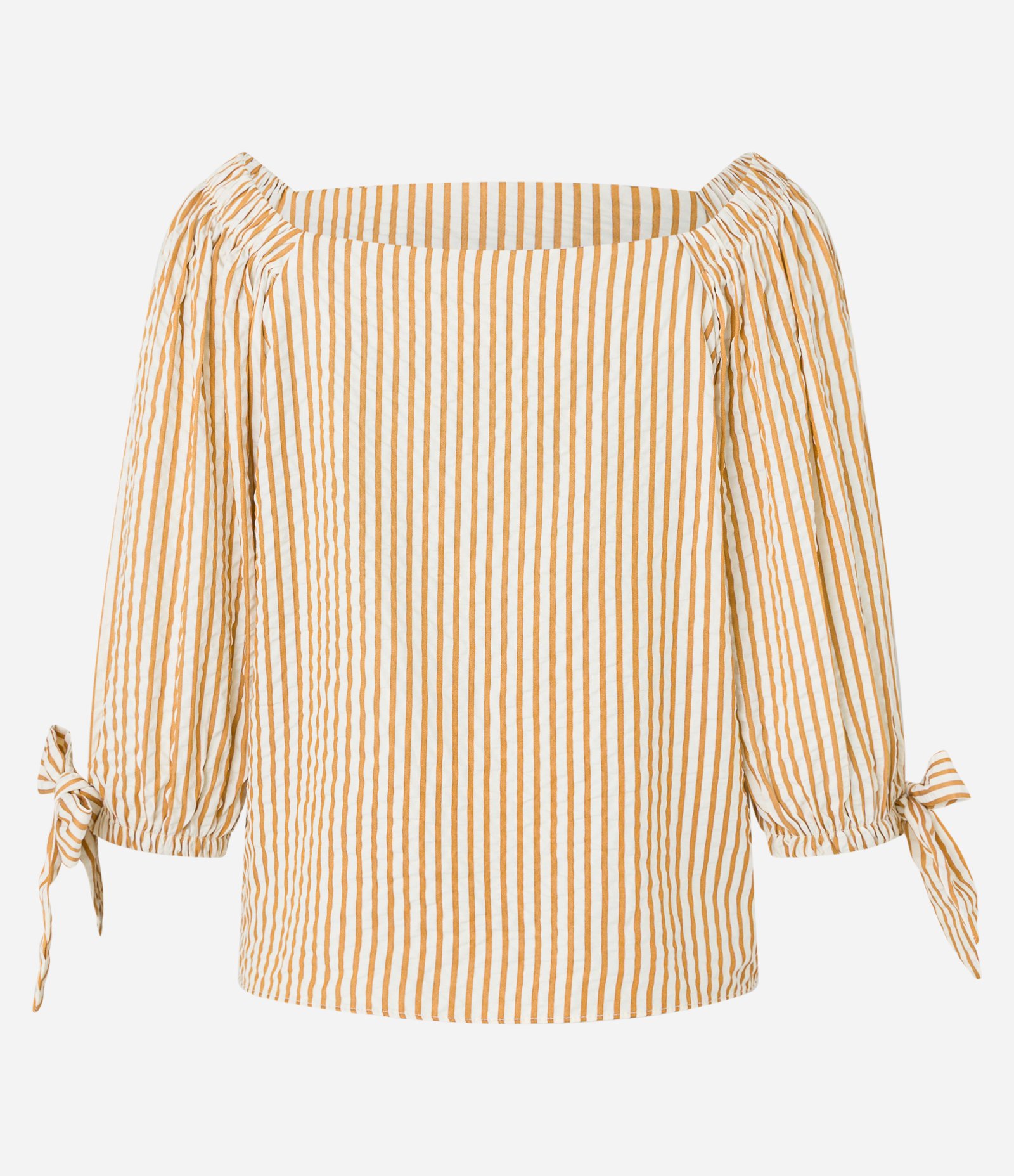 Blusa Listrada em Tricoline com Laço no Punho Laranja 7