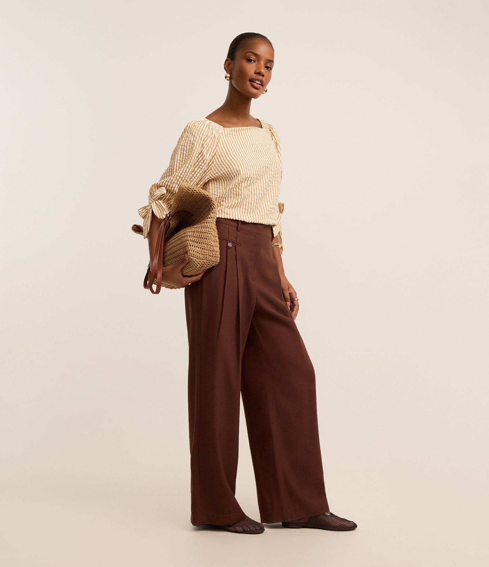 Blusa Listrada em Tricoline com Laço no Punho Laranja 2