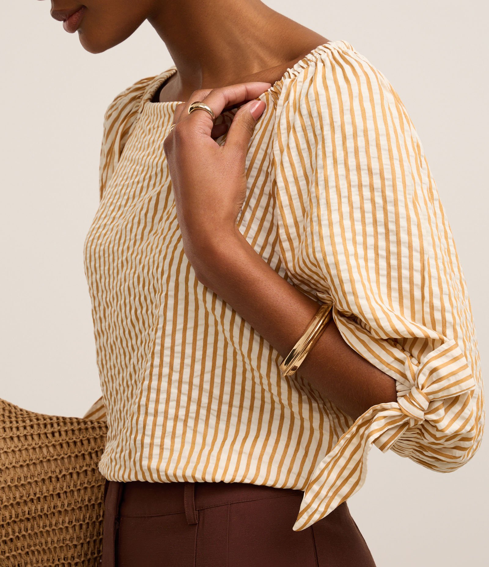 Blusa Listrada em Tricoline com Laço no Punho Laranja 3