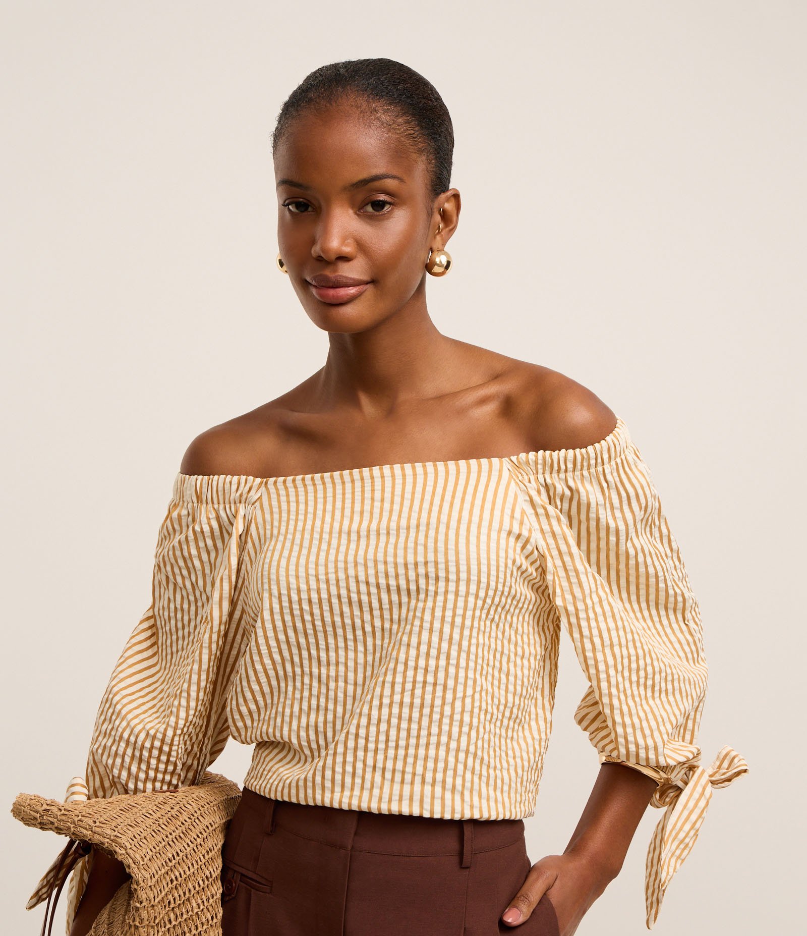 Blusa Listrada em Tricoline com Laço no Punho Laranja 5