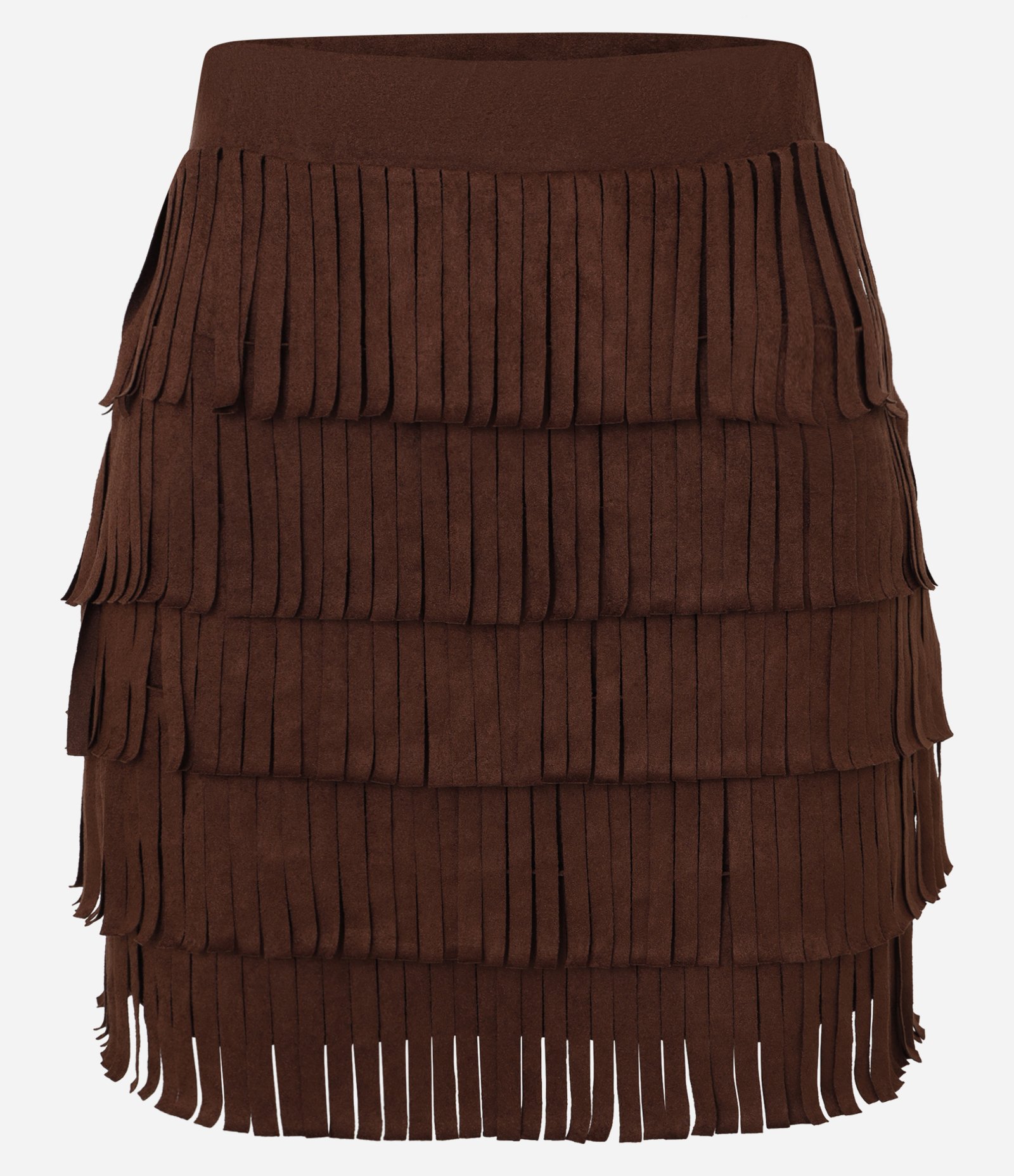 Saia Reta Estilo Folk em Suede com Camadas de Franjas Marrom Chocolate 6