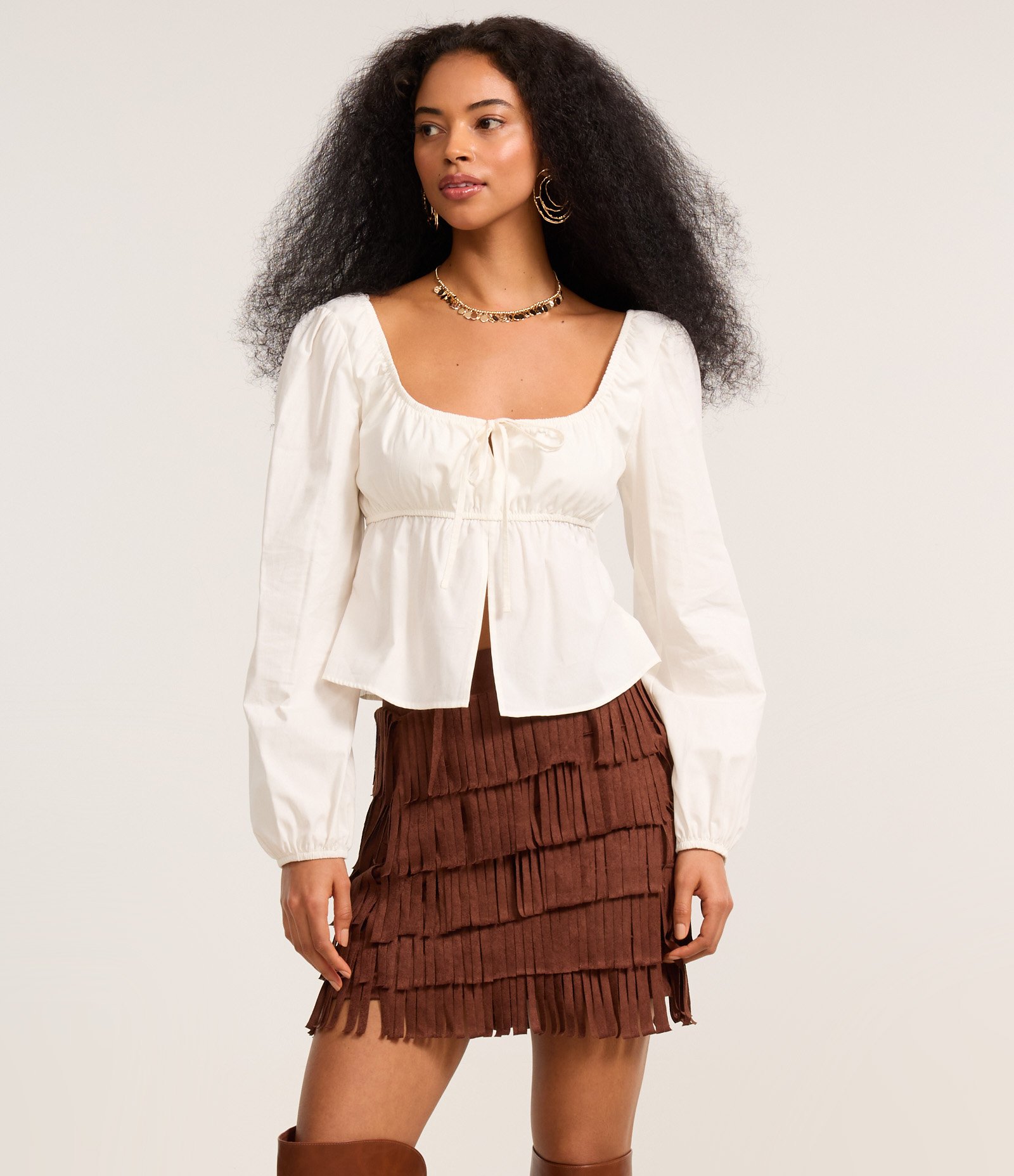 Saia Reta Estilo Folk em Suede com Camadas de Franjas Marrom Chocolate 2