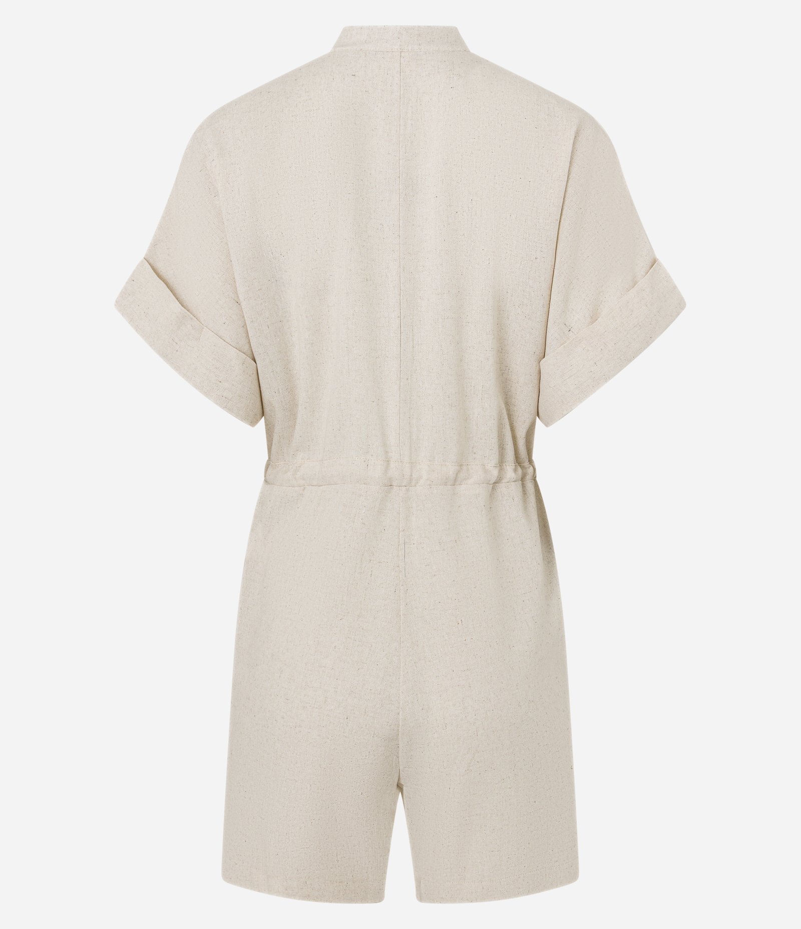 Macaquinho Boho Chemise em Viscolinho com Gola Padre Bege 6