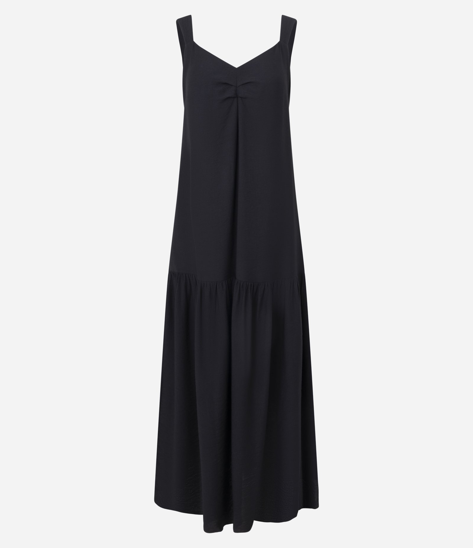 Vestido Evasê Longo em Crepe com Franzido no Busto Preto 5