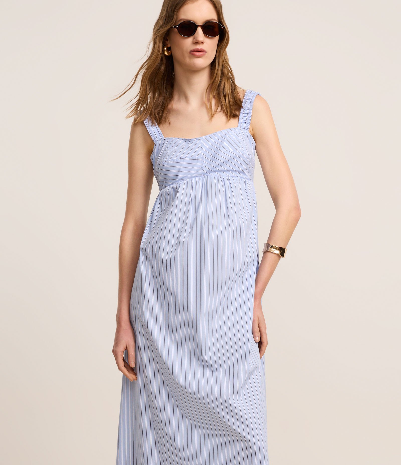 Vestido Boho Listrado em Tricoline com Lastex nas Costas Azul 1