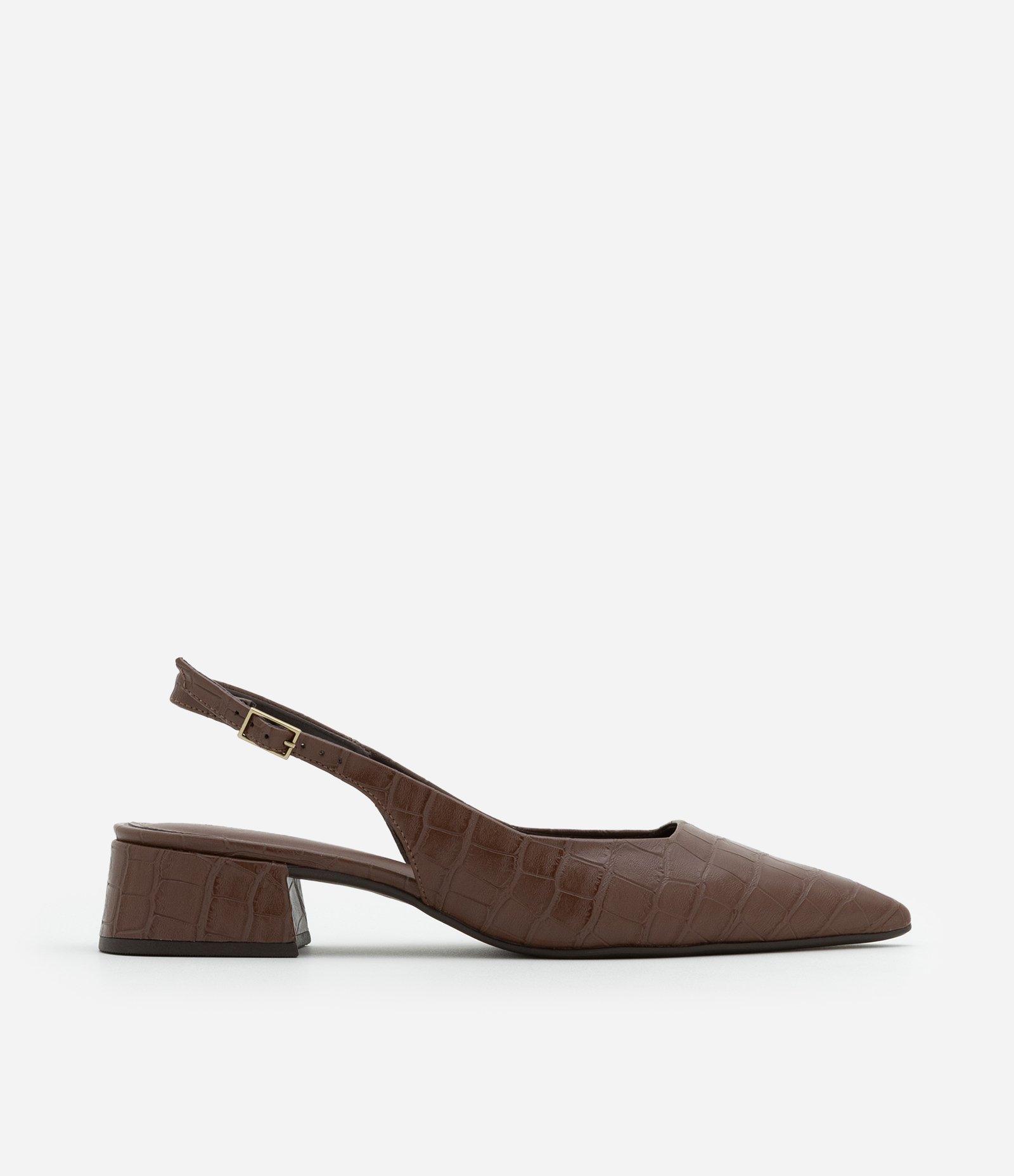 Sapato Scarpin Slingback em PU com Estampa Croco Marrom 1