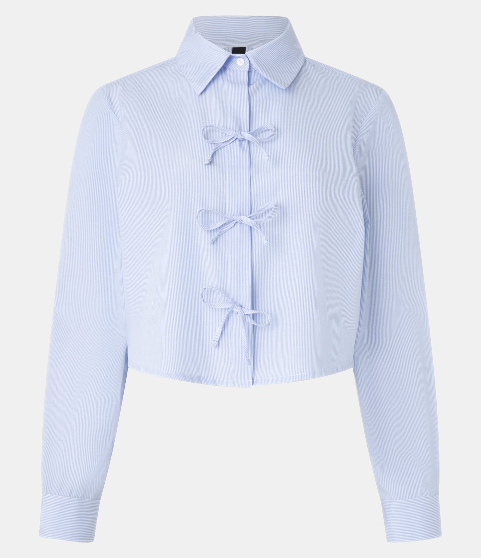 Camisa Cropped em Tricoline com Listras com Lacinhos Frontais Azul 5