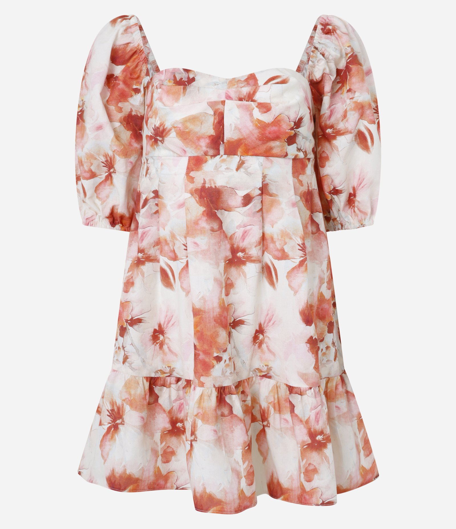 Vestido Curto em Algodão com Manga Bufante e Estampa Floral Coral/Off White 8