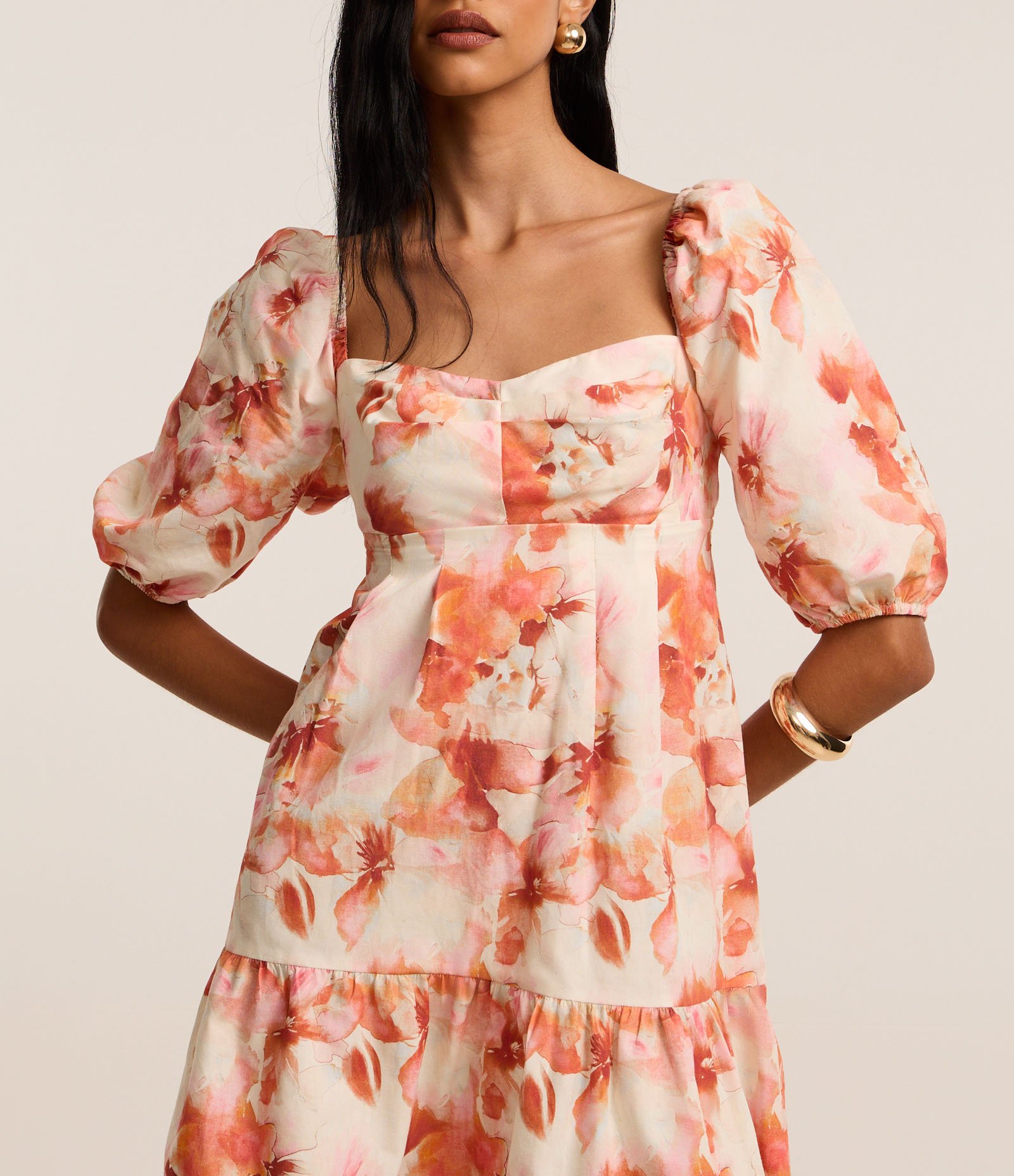 Vestido Curto em Algodão com Manga Bufante e Estampa Floral Coral/Off White 3