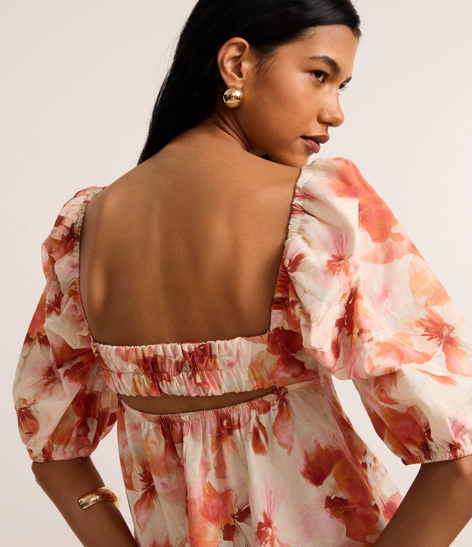 Vestido Curto em Algodão com Manga Bufante e Estampa Floral Coral/Off White 4